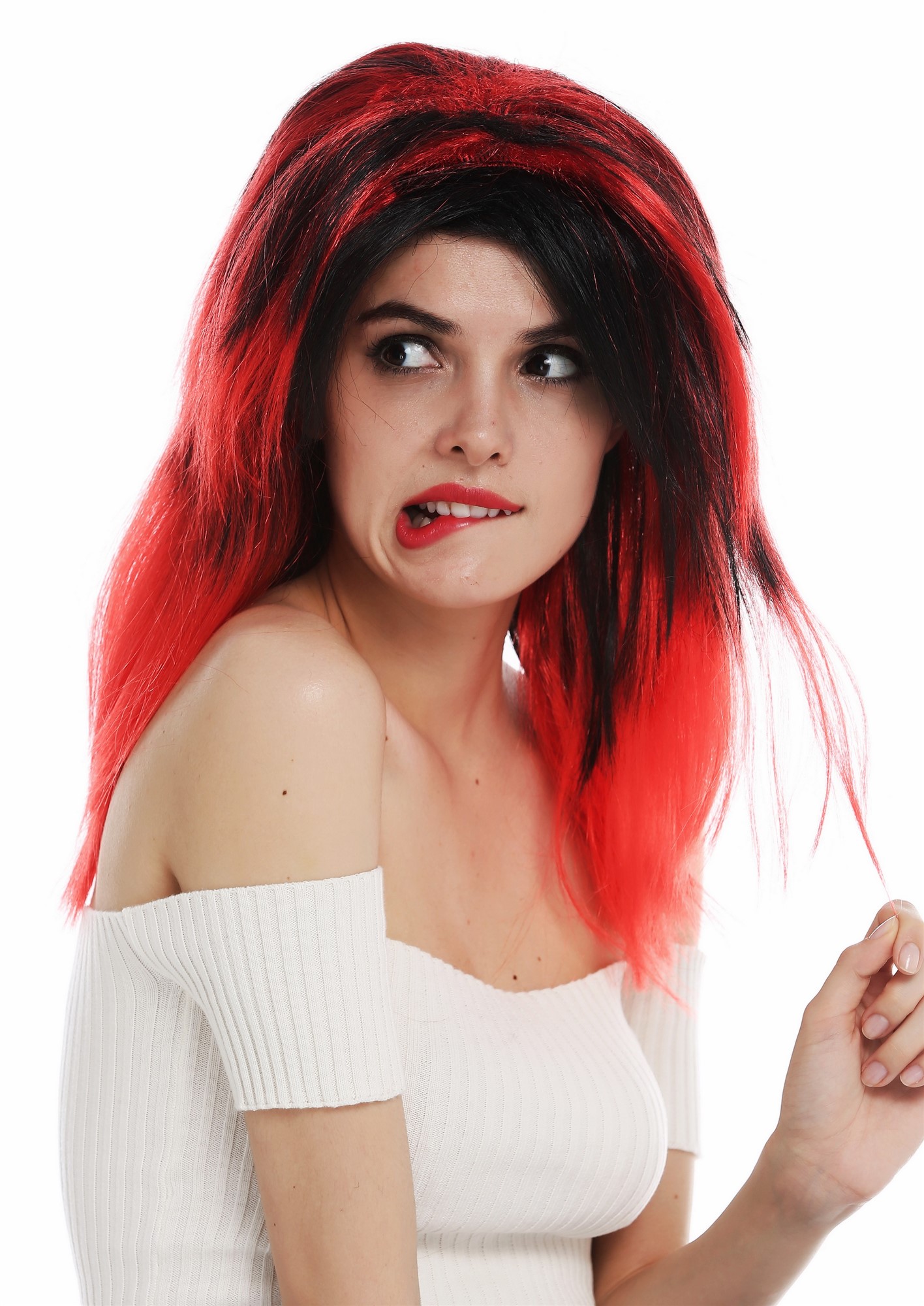günstige Party Perücke, Perücke lang glatt Mittelscheitel schwarz rot gesträhnt Teufelin 63040-P103-13, Ansicht 4, WIG ME UP: Ihr Perücken Online Shop glatte Party Perücke Tiefschwarz-Knallrot-Mix schulterlange Haare für Damen