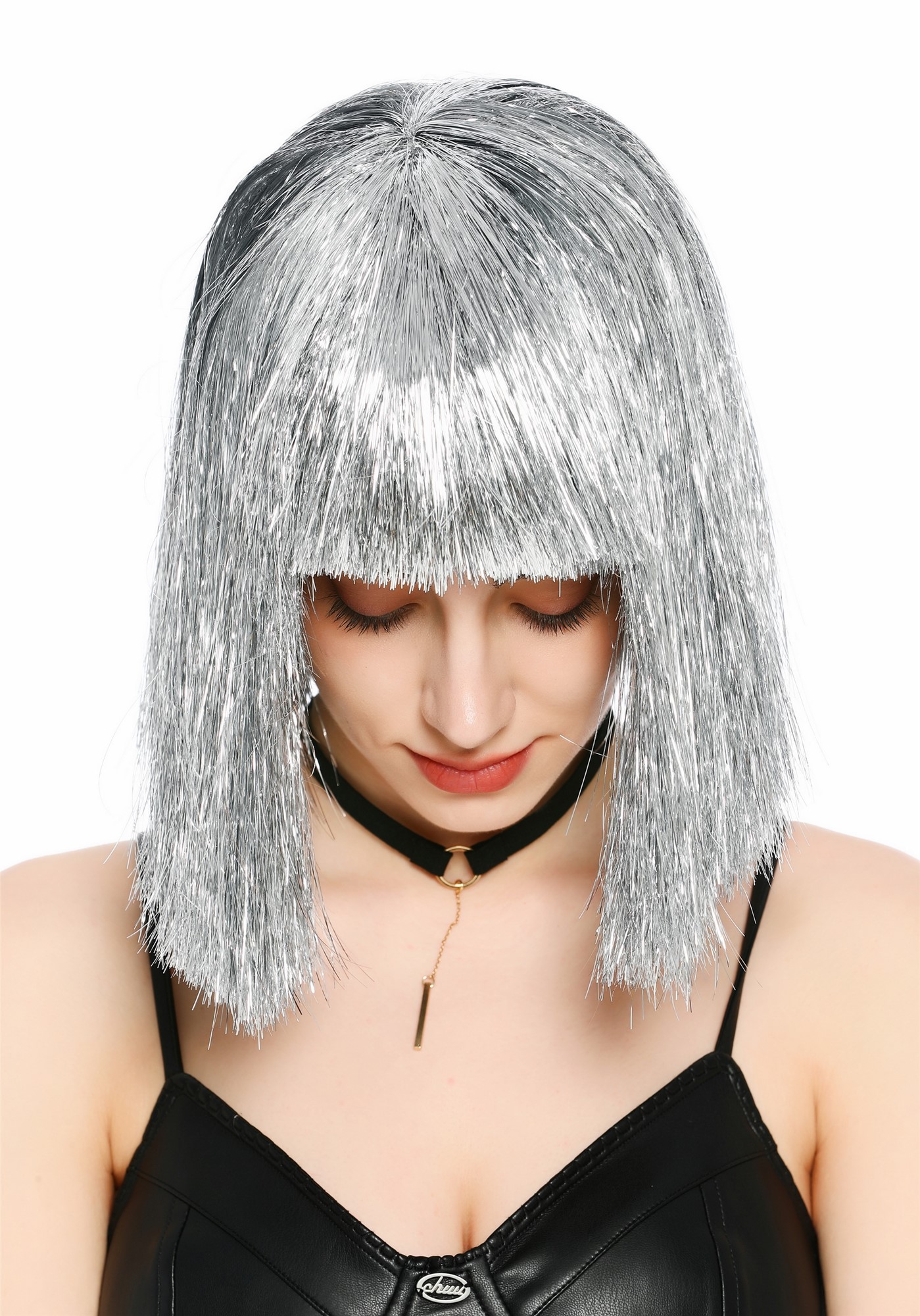 Perücke Damen Glitzer Lametta Tinsel Look Longbob Pony Disco Glam Silber VK-42-TN12