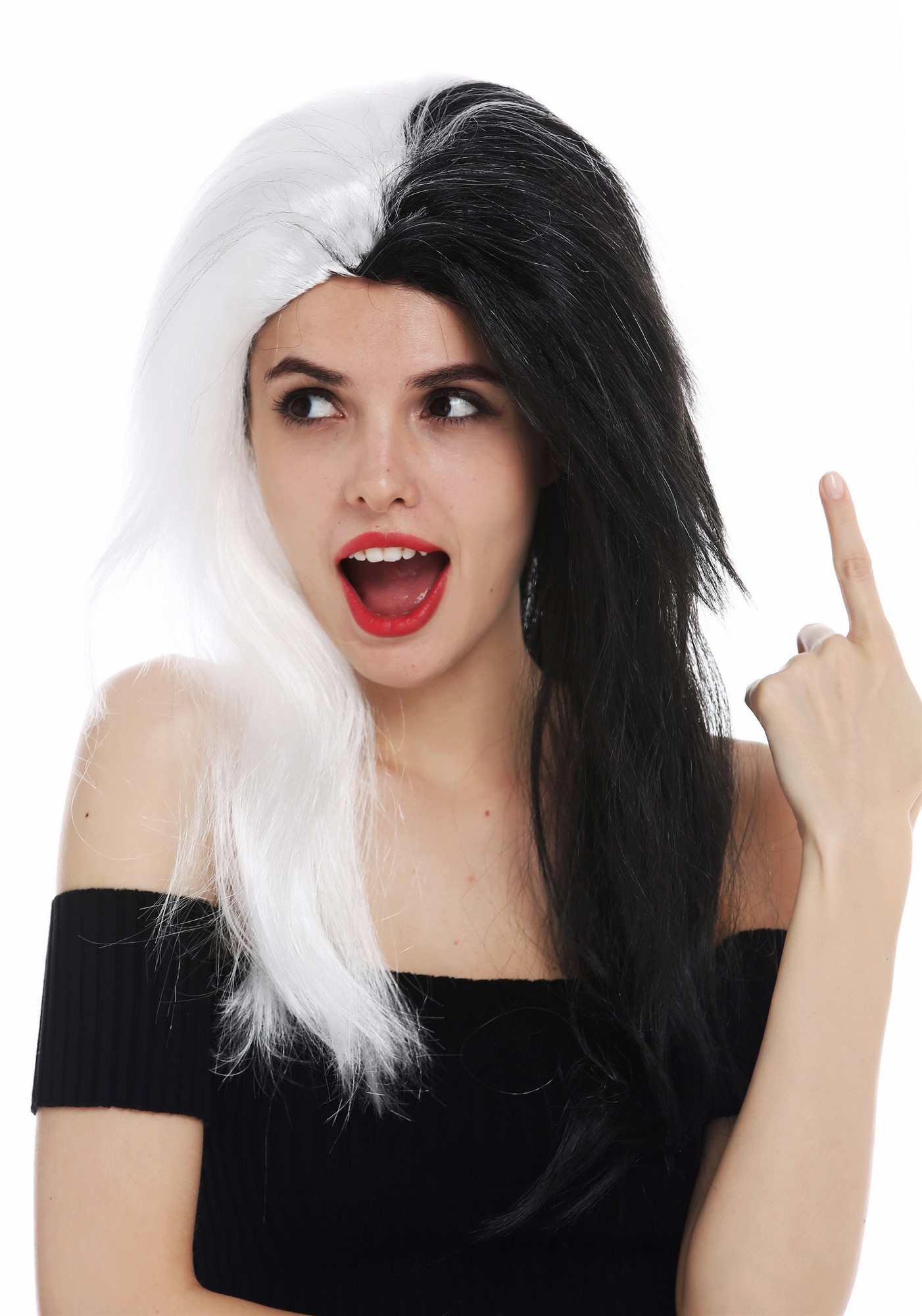 Women's wig Halloween long middle parting vamp black white half half EW-8059, front view, WIG ME UP: Your Perücken Online Shop Party Wig, Ladies, deep black and white mix, straight, long