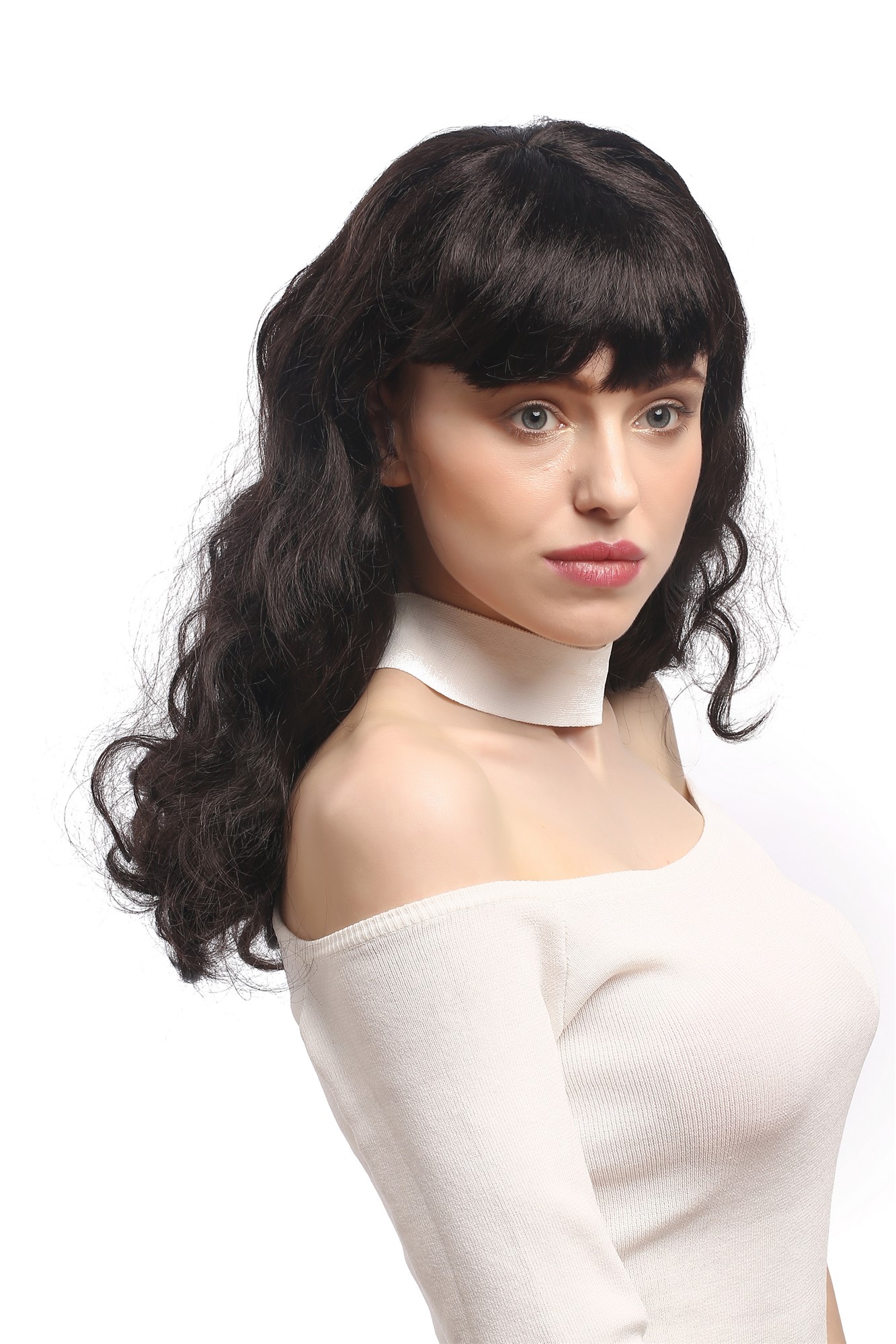 günstige Party Perücke, Perücke Wellig Braun Pony 50er 90942-ZA1, Ansicht 4, WIG ME UP: Ihr Perücken Online Shop wellige Party Perücke Braun schulterlange Haare für Damen