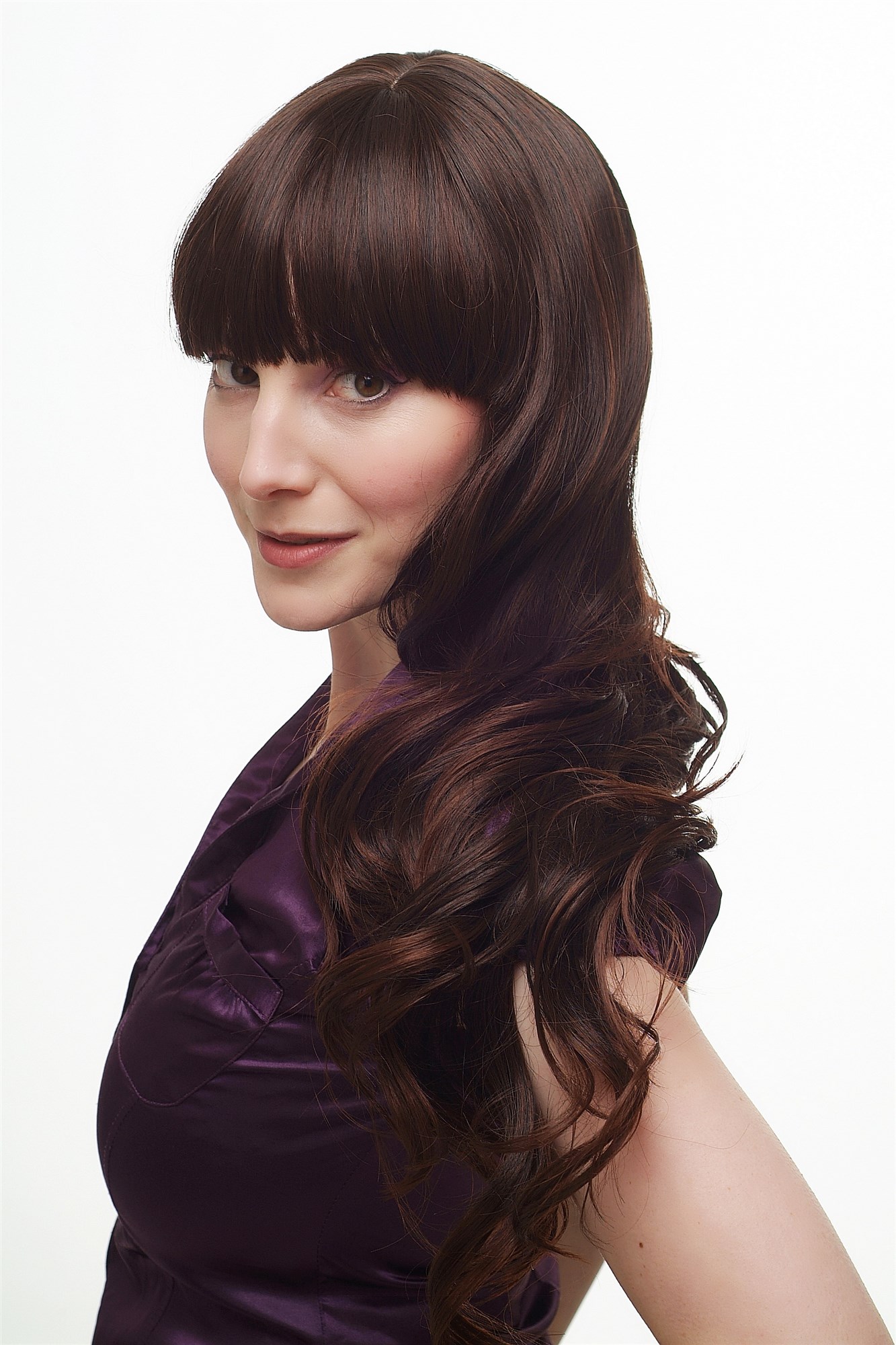 Lady  Wig LONG straight slightly wavy cute bangs fringe DARK BROWN + strands mahogany, view 2, WIG ME UP: Your Perücken Online Shop Quality Wigs, Ladies, Brown, wavy, very long