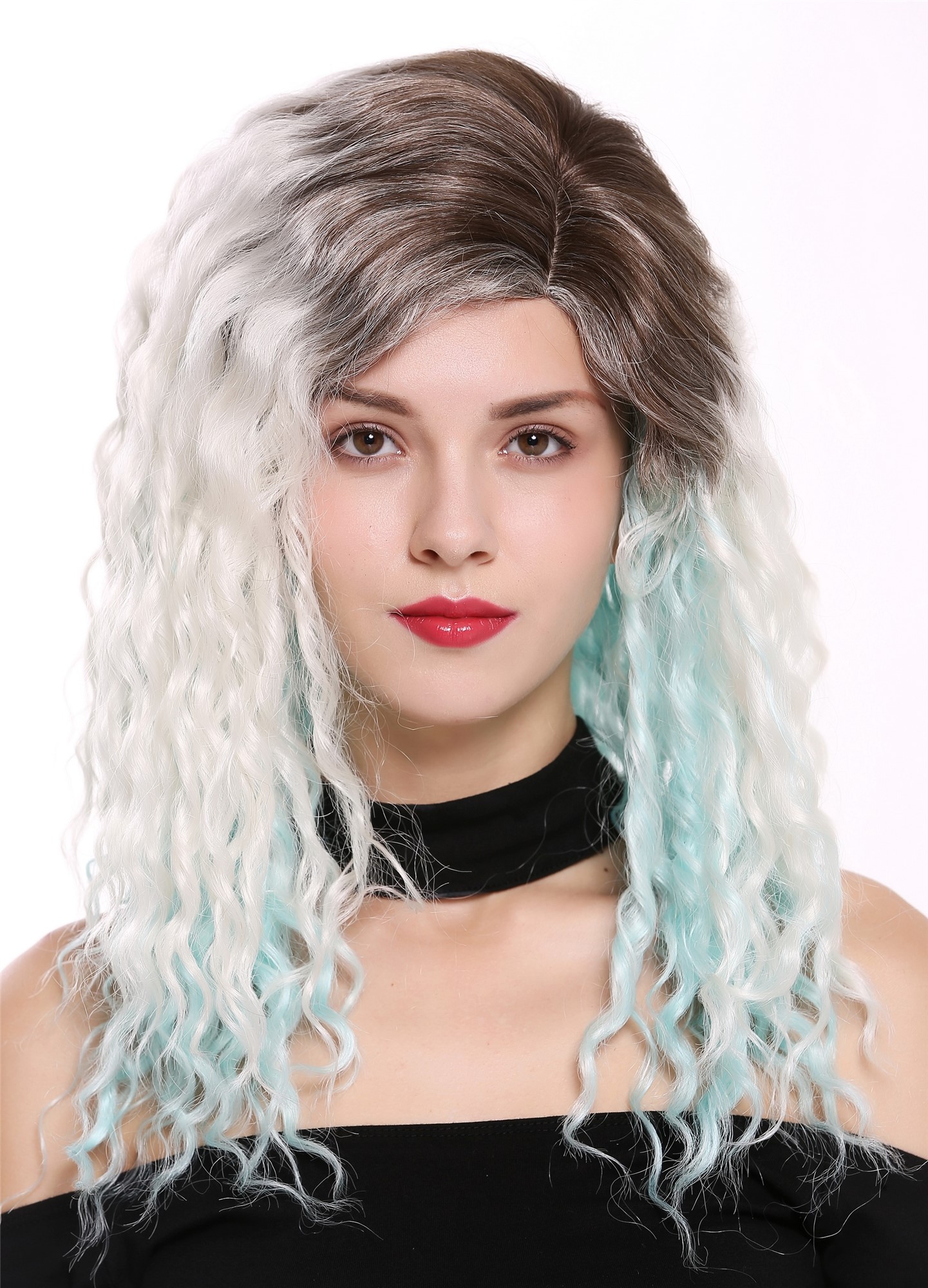 hochwertige Qualitätsperücken, Perücke Afro Locken gekreppt Seitenscheitel Braun Blond Blau 803AD-8+60+L-BLUE, Ansicht 2, WIG ME UP: Ihr Perücken Online Shop lockige Tressen-Perücke mit Kopfhaut-Imitat Aschbraun-Schwedenblond-Türkisblau-Mix lange Haare für Damen