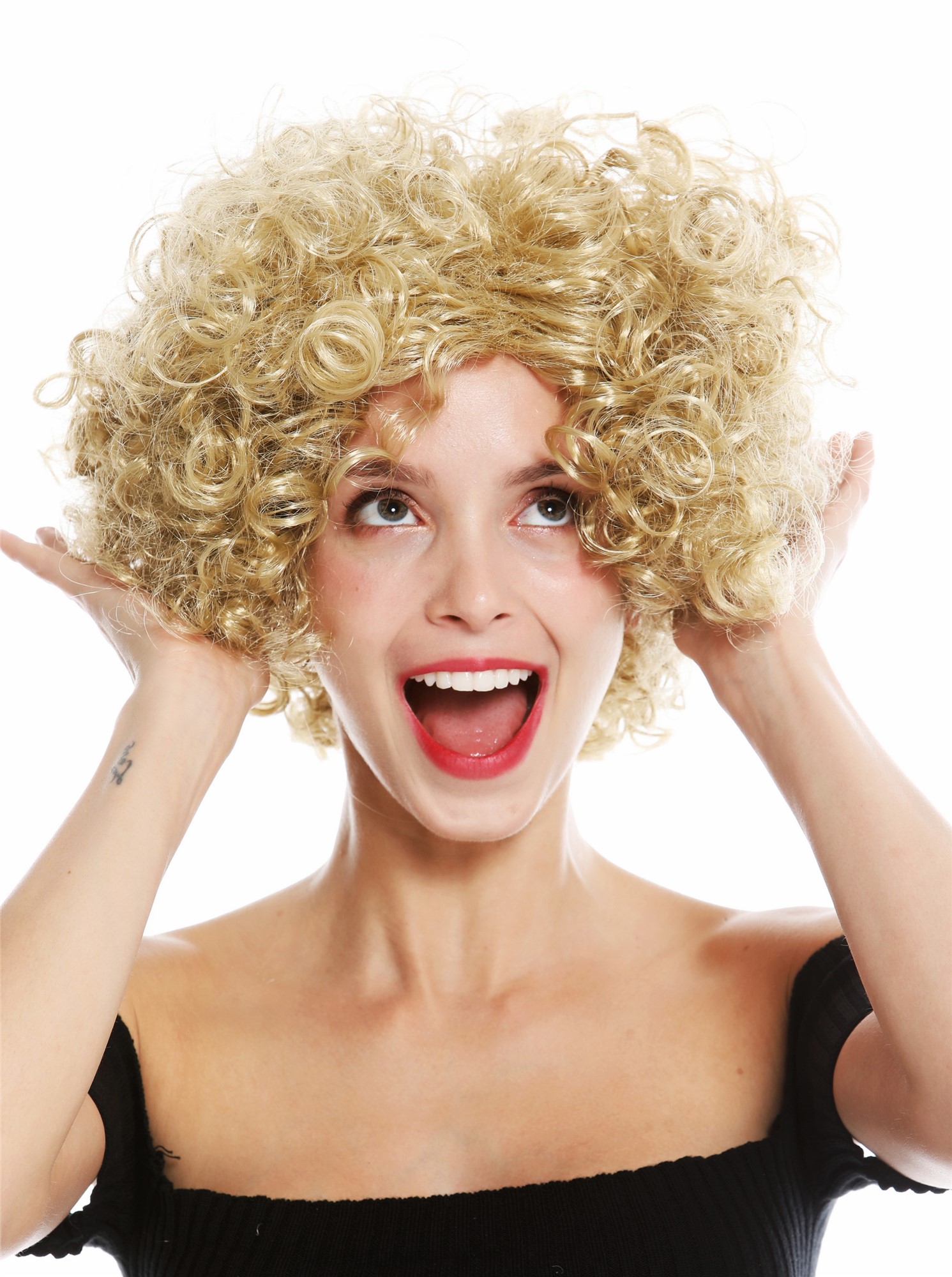 günstige Party Perücke, Perücke Blond lockig Mittelscheitel Kurz 1352-ZA89, Vorderansicht, WIG ME UP: Ihr Perücken Online Shop lockige Party Perücke Gold-Aschblond kurze Haare Unisex