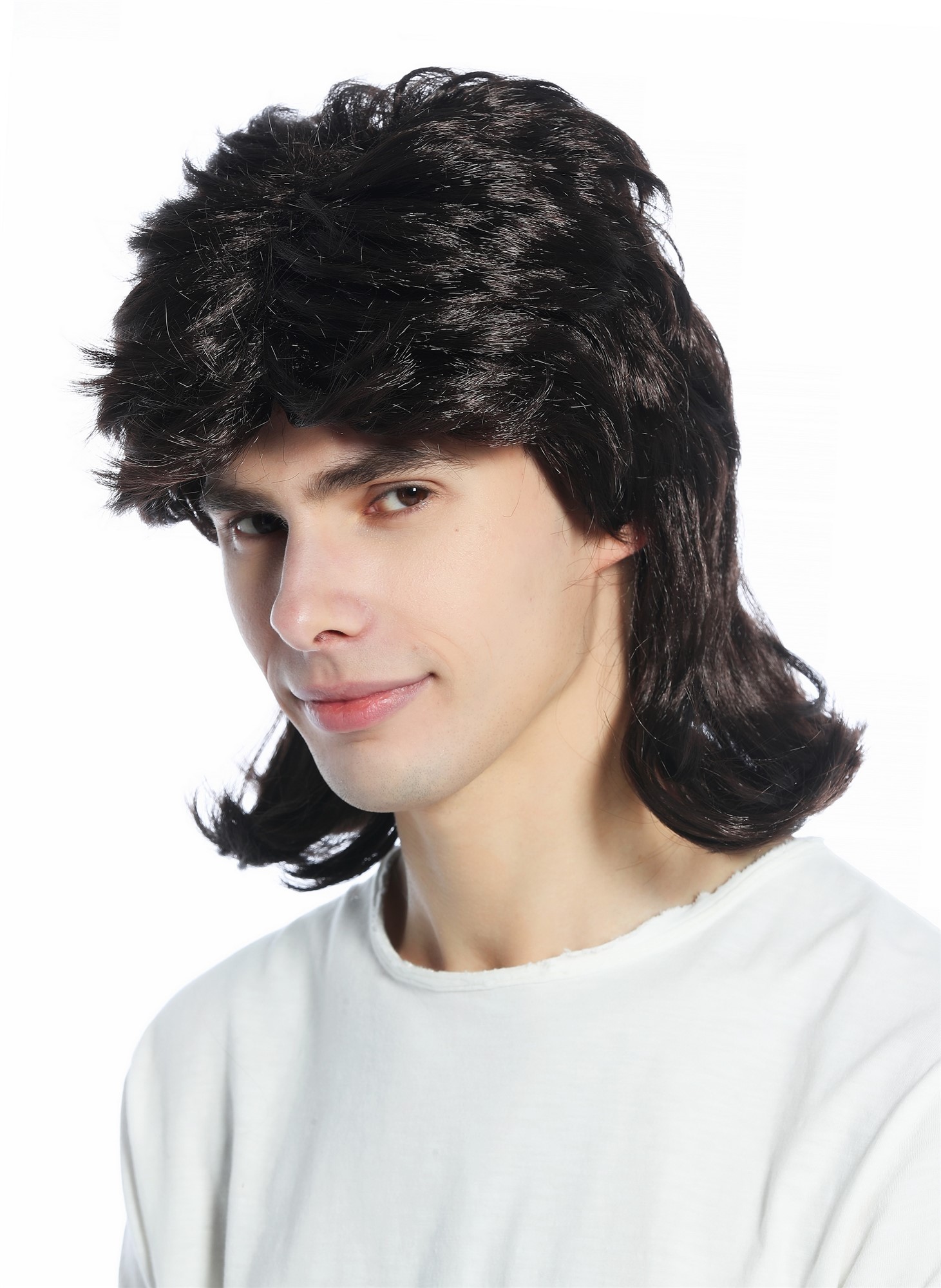 Wig long straight teased top mullet dark brown 80s Hardrock Heavy Metal CW-033, front view, WIG ME UP: Your Perücken Online Shop Party Wig, Unisex, dark brown, wavy, shoulder-length