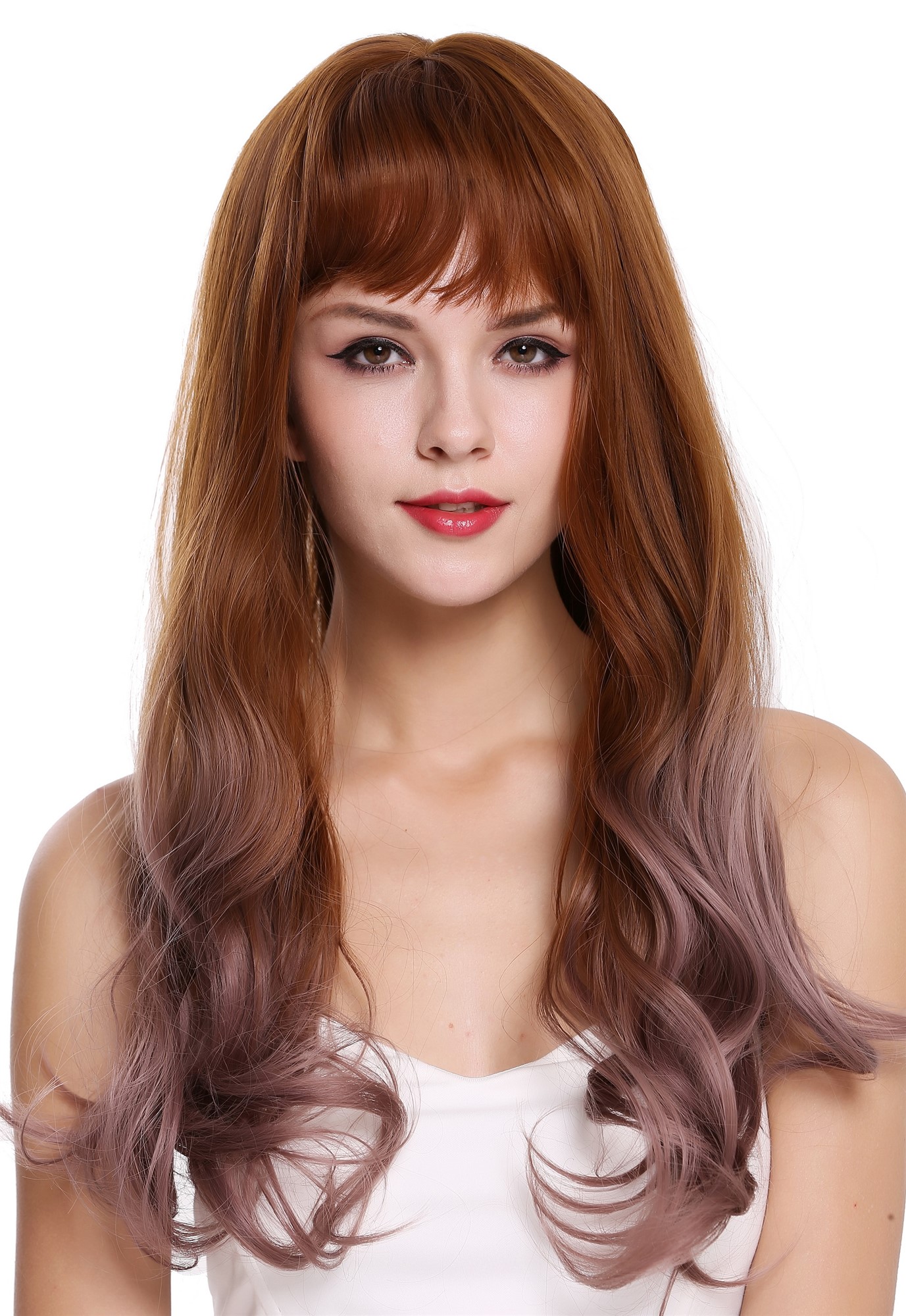 hochwertige Qualitätsperücken, Perücke lang Pony wellig Balayage Kupferbraun Rosa H1800-612R30, Vorderansicht, WIG ME UP: Ihr Perücken Online Shop wellige Tressen-Perücke mit Kopfhaut-Imitat Kupferbraun-Pastellrosa-Mix lange Haare für Damen