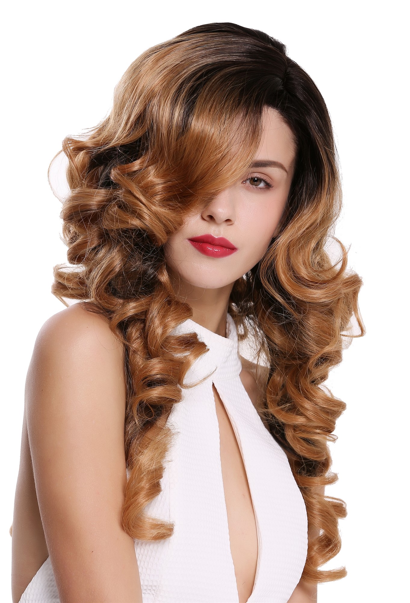 hochwertige Qualitätsperücken, Perücke Lace-Front Mono Locken Ombre Schwarz Kupfer DW-2163-LF-B-27CYS2, Ansicht 2, WIG ME UP: Ihr Perücken Online Shop lockige Tressen-Perücke mit Kopfhaut-Imitat mit Kopfhaut-Imitat und Front-Lace Erdbeerblond-Schwarzbraun-Mix lange Haare für Damen