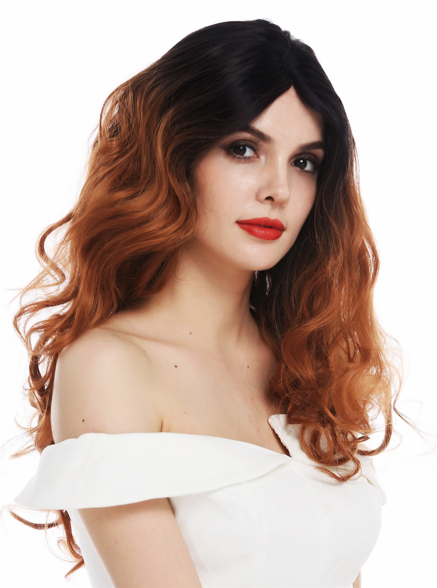 hochwertige Qualitätsperücken, Perücke Lace-Front lang leicht gelockt Ombre Dunkelbraun Rotbraun TYM-758-MF-4TT30, Ansicht 5, WIG ME UP: Ihr Perücken Online Shop lockige Tressen-Perücke mit Teil-Mono Scheitel, Front-Lace Braun-Mix lange Haare für Damen