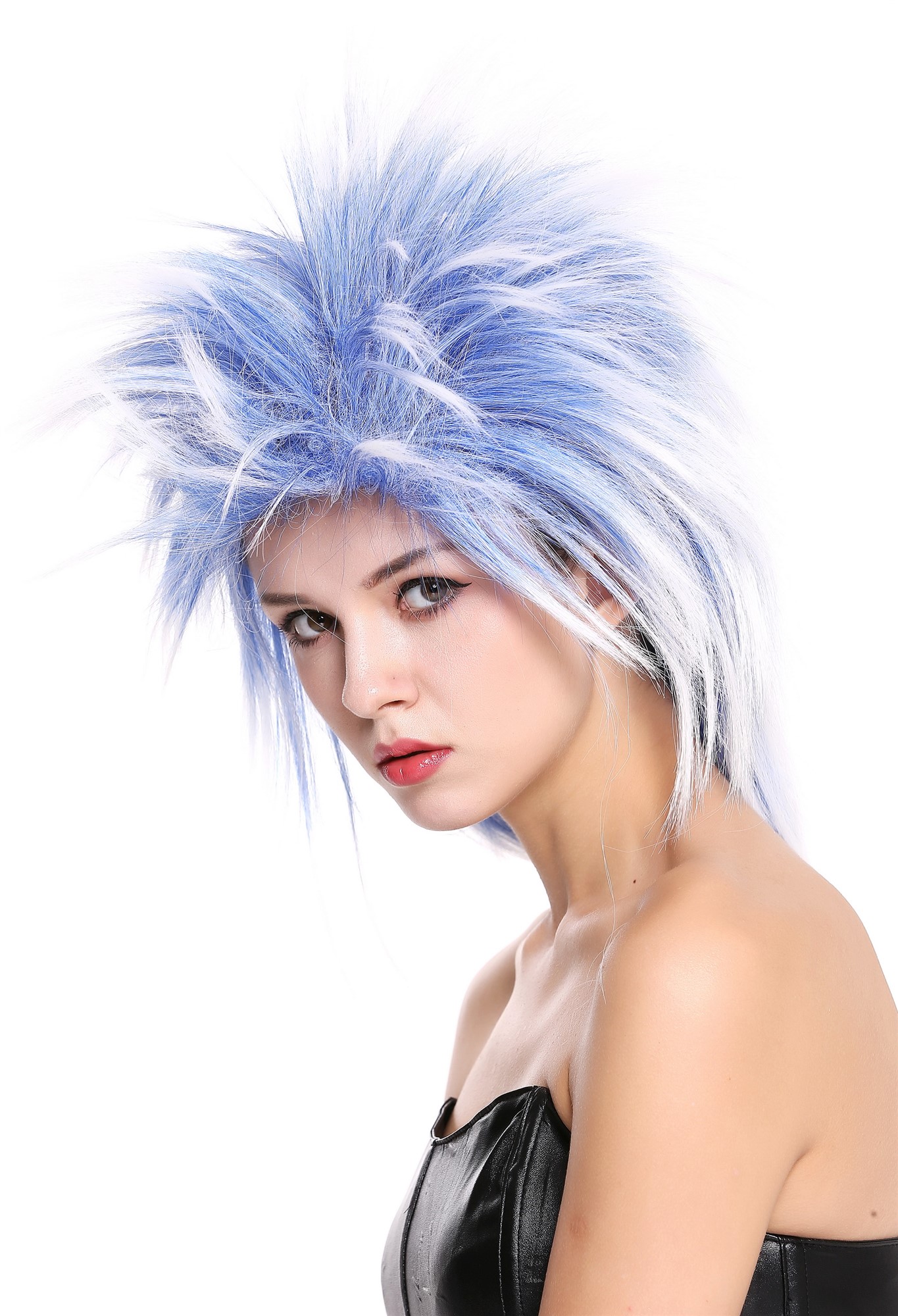 günstige Party Perücke, Perücke Vokuhila Blau Weiß Mix Toupiert 80er Punk 90891-ZAC3TZA60, Ansicht 3, WIG ME UP: Ihr Perücken Online Shop glatte Party Perücke Blau,Weiß schulterlange Haare Unisex