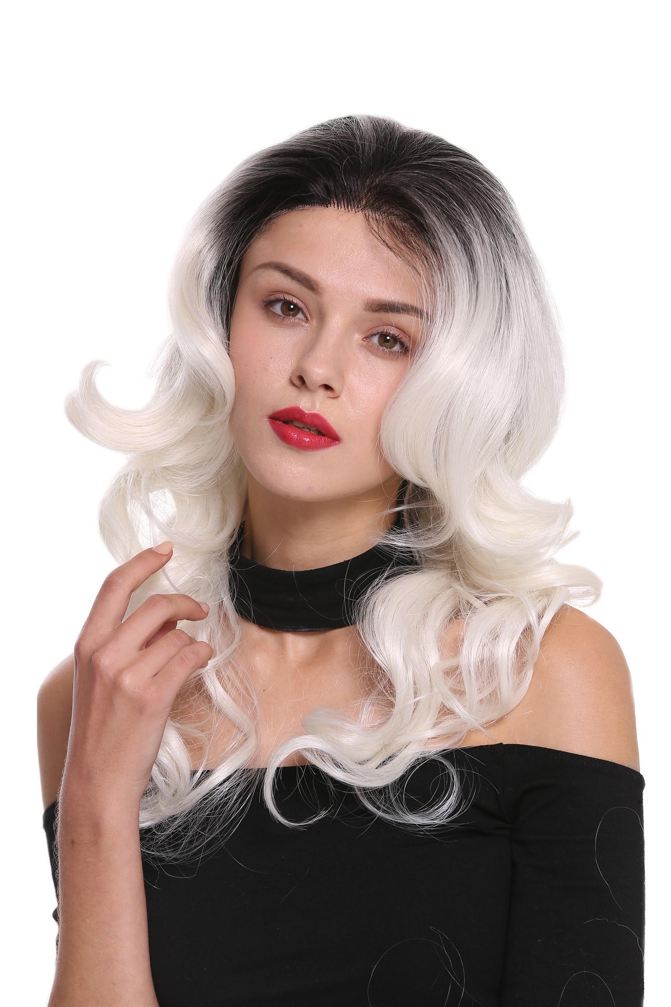 Quality Wigs, Ladies, deep black and flower white mix, curled, long