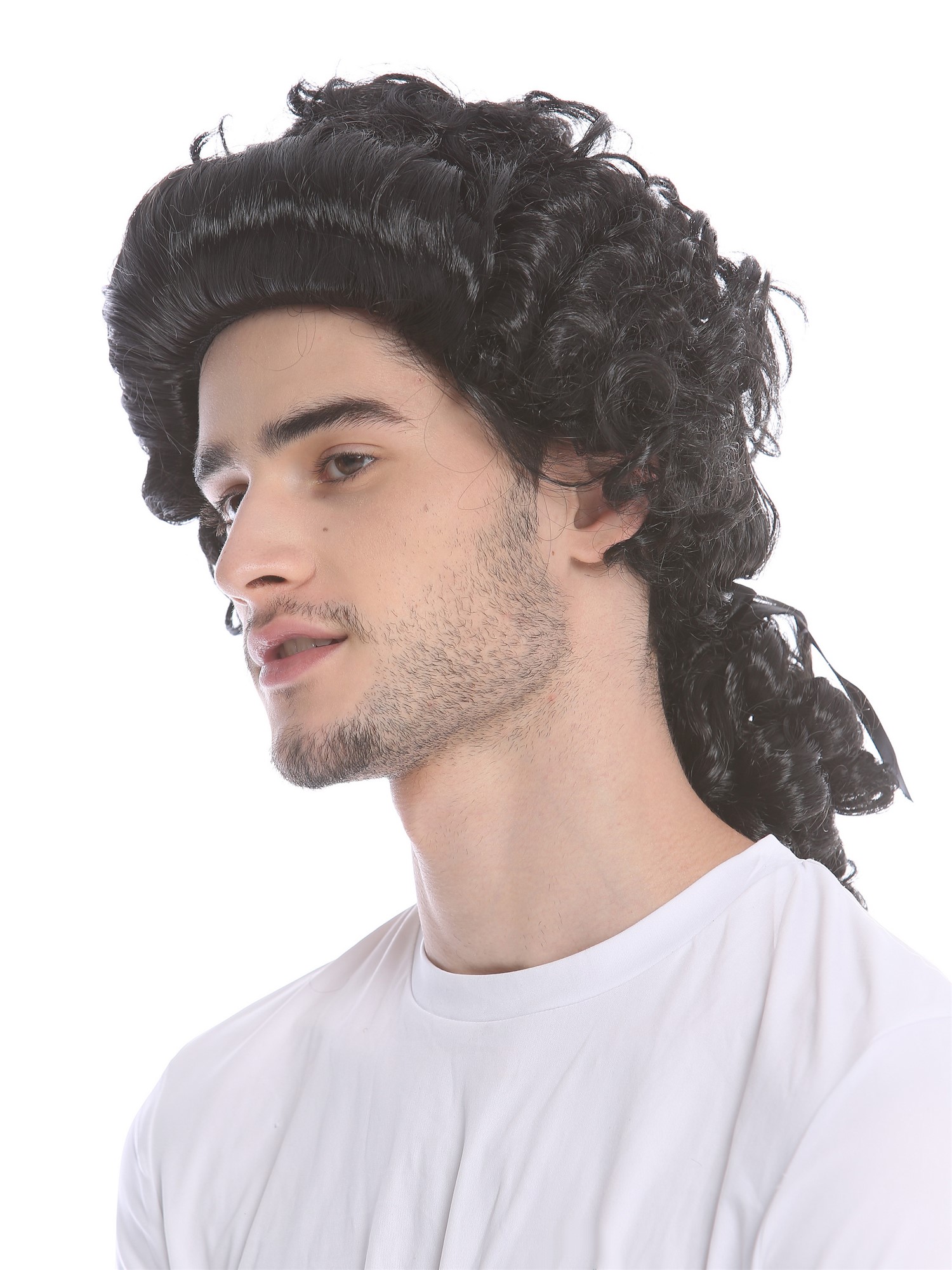 Man Lady Party Wig Baroque noble aristocrat lord curls long ponytail black 91019, front view, WIG ME UP: Your Perücken Online Shop Party Wig, Men, Black, curled, shoulder-length