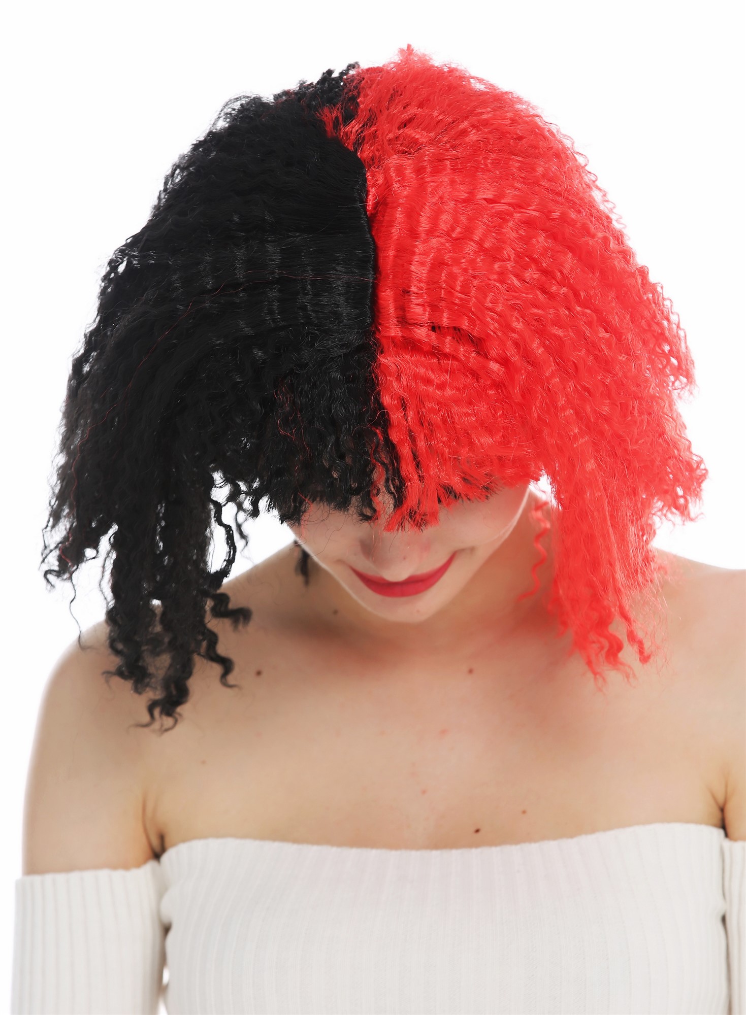 günstige Party Perücke, Perücke Krepplocken schulterlang schwarz rot Hälften DEC299-P103-13, Ansicht 6, WIG ME UP: Ihr Perücken Online Shop wellige Party Perücke Tiefschwarz-Knallrot-Mix kurze Haare für Damen