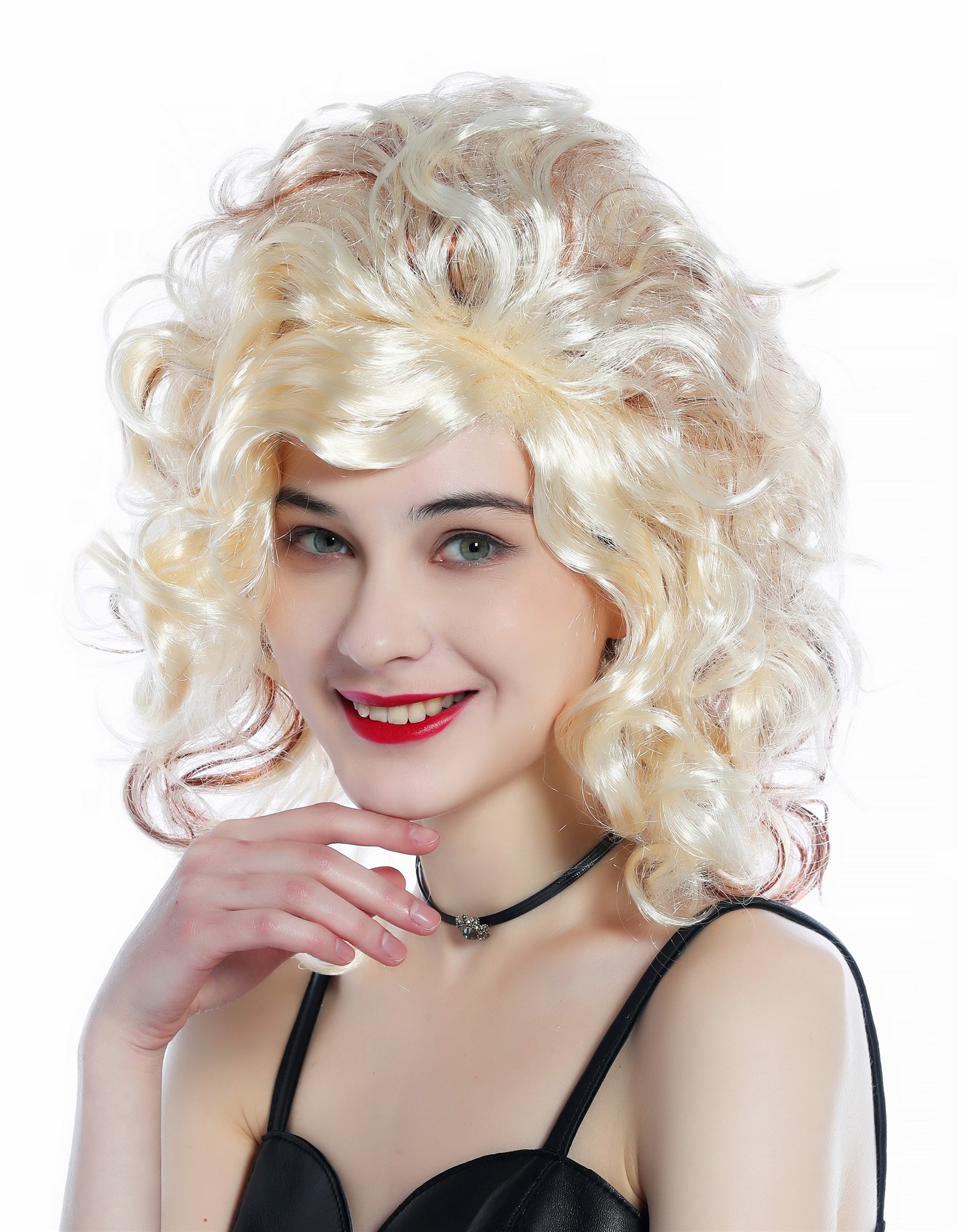 günstige Party Perücke, Perücke lockig Scheitel Hellblond braune Strähnen 91873-P88-P33A, Ansicht 6, WIG ME UP: Ihr Perücken Online Shop lockige Party Perücke Blond mit Mahagoni strähnen schulterlange Haare für Damen