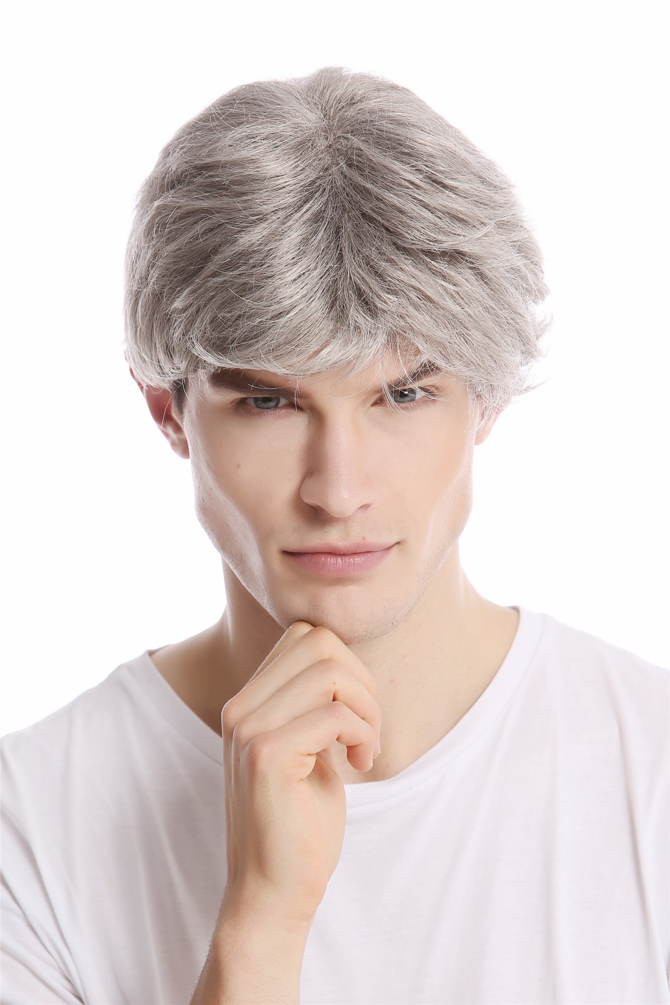 hochwertige Qualitätsperücken, Herren Perücke Kurz Jugendlich Lässig Modisch grau hellgrau GFW1168-51, Vorderansicht, WIG ME UP: Ihr Perücken Online Shop glatte Tressen-Perücke Grau kurze Haare für Herren