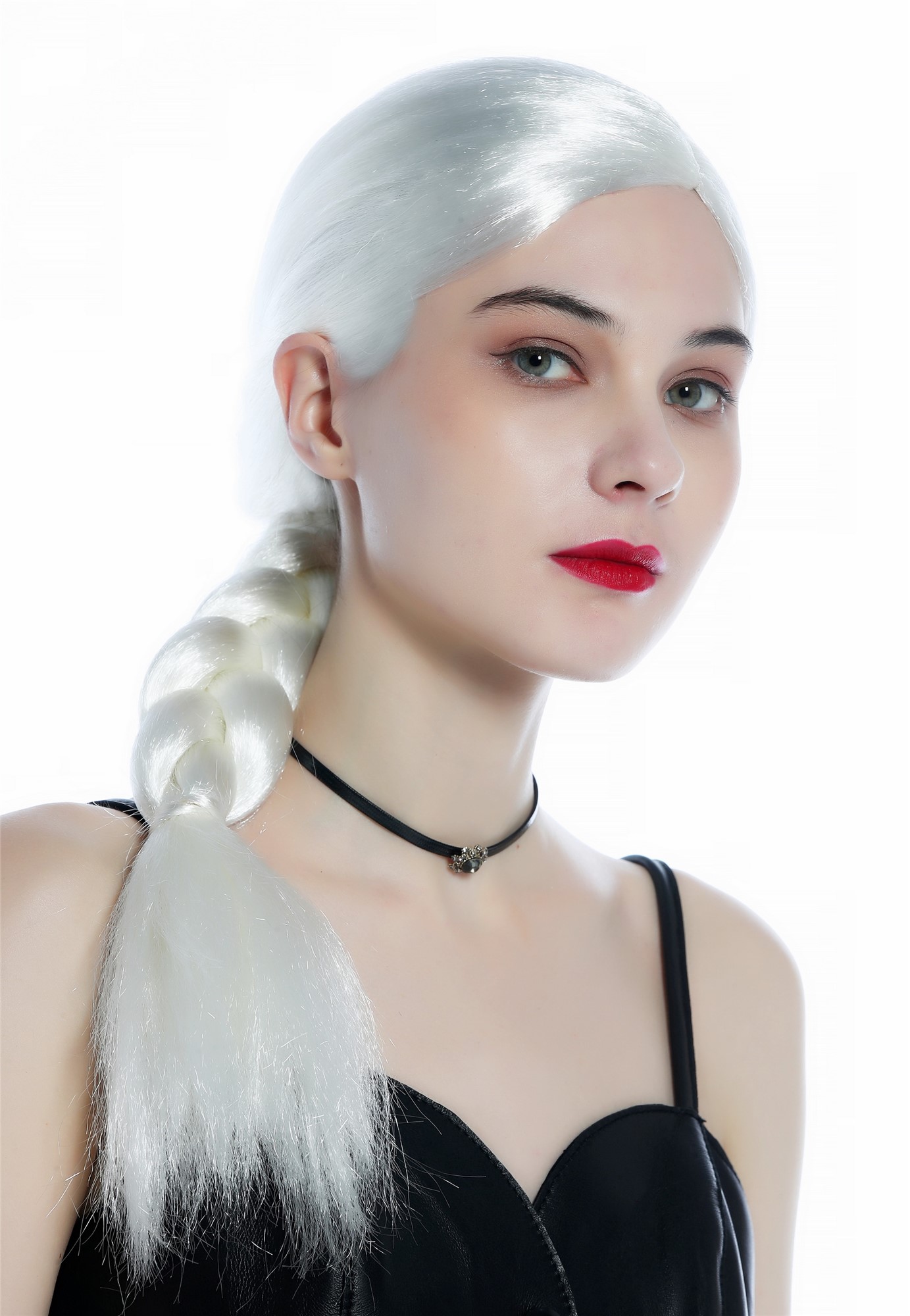 günstige Party Perücke, Perücke glatt weiß Mittelscheitel dicker geflochtener Zopf 91800-ZA68, Ansicht 2, WIG ME UP: Ihr Perücken Online Shop geflochtene Party Perücke Blütenweiß lange Haare für Damen