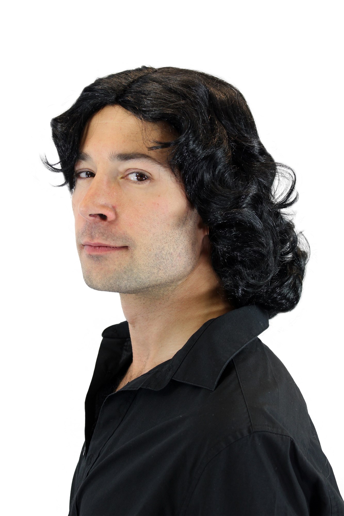 günstige Party Perücke, Herrenperücke lang Schwarz Schlagersänger 3750-P103, Ansicht 4, WIG ME UP: Ihr Perücken Online Shop lockige Party Perücke Schwarz schulterlange Haare Unisex