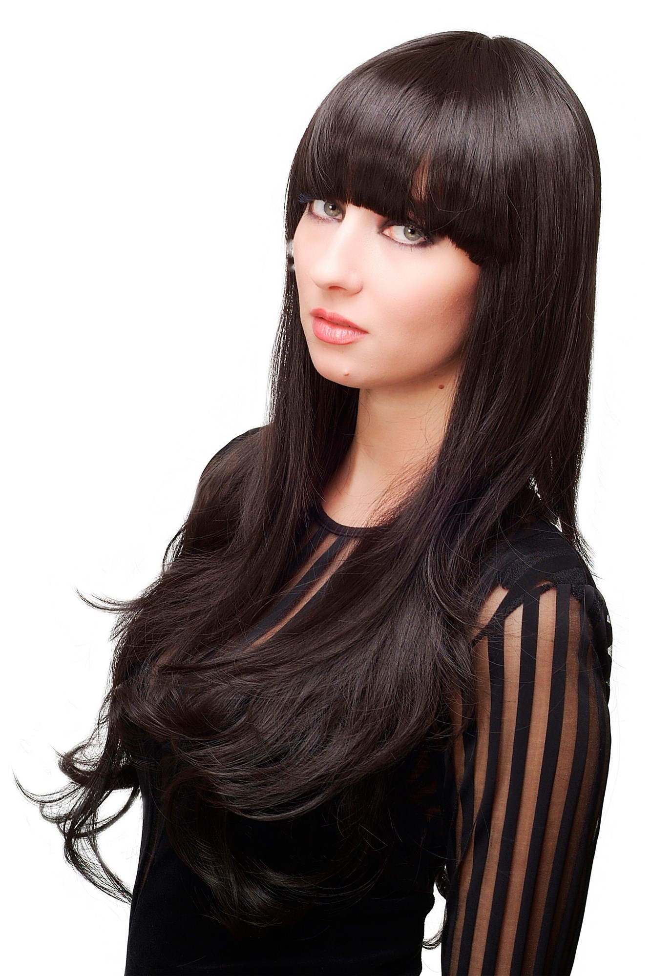 hochwertige Qualitätsperücken, Divenhafte Damen Perücke Dunkelbraun Lang Gewellt Pony G3920-4, Ansicht 2, WIG ME UP: Ihr Perücken Online Shop wellige Tressen-Perücke mit Kopfhaut-Imitat Dunkelbraun lange Haare für Damen