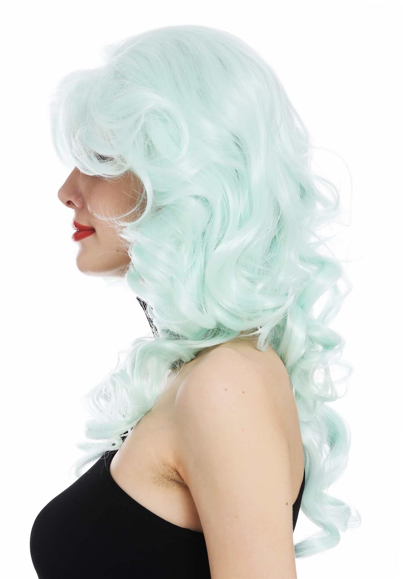 hochwertige Qualitätsperücken, Perücke Diva 80er Wellig Türkis Grün WL-3010-T5507, Ansicht 4, WIG ME UP: Ihr Perücken Online Shop lockige Tressen-Perücke Hellgrün schulterlange Haare für Damen