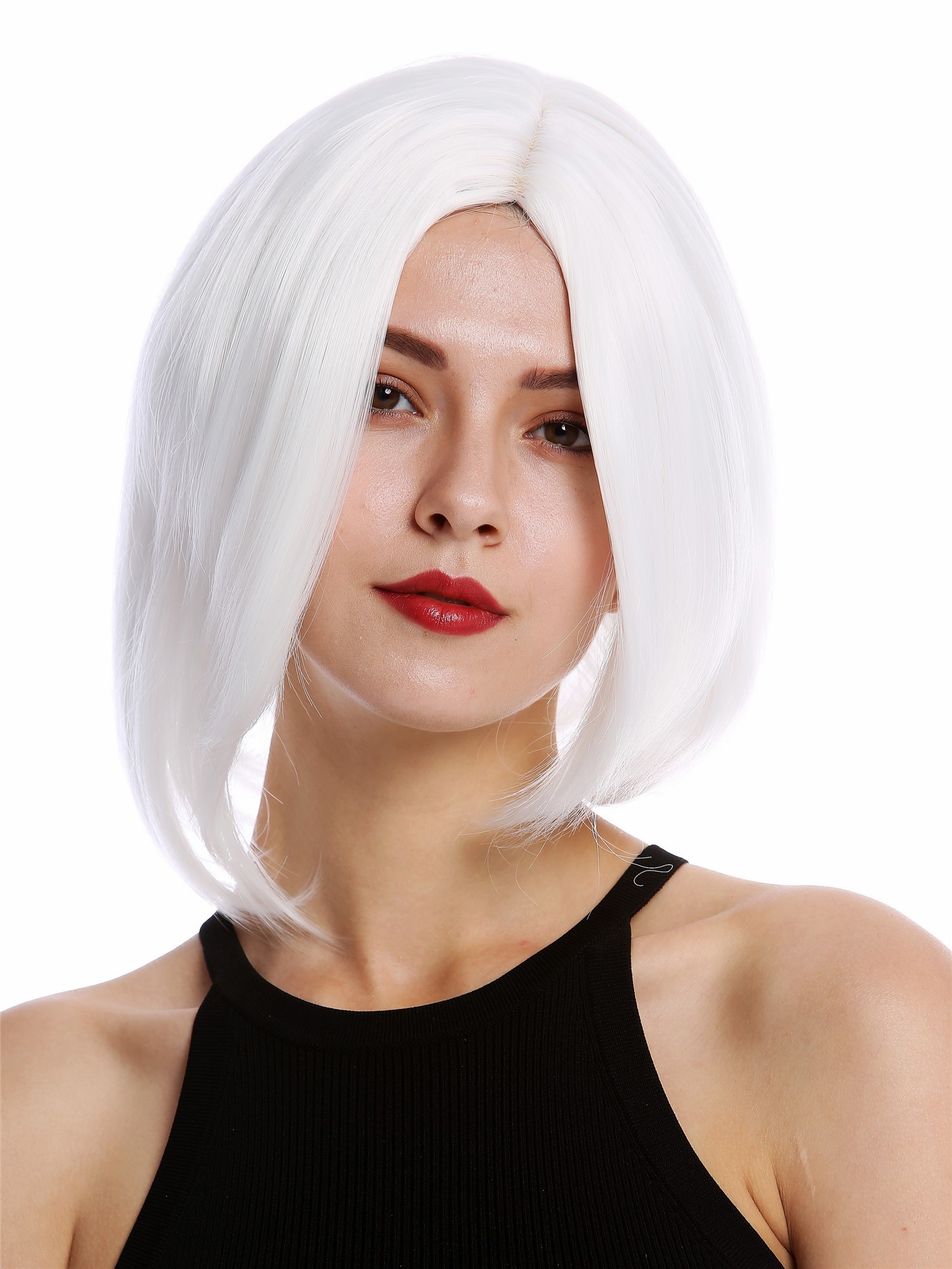 hochwertige Qualitätsperücken, Perücke kurz Longbob Mittelscheitel glatt Weiß YZF-4360-1001, Ansicht 2, WIG ME UP: Ihr Perücken Online Shop glatte Tressen-Perücke mit Kopfhaut-Imitat Weiß kurze Haare für Damen