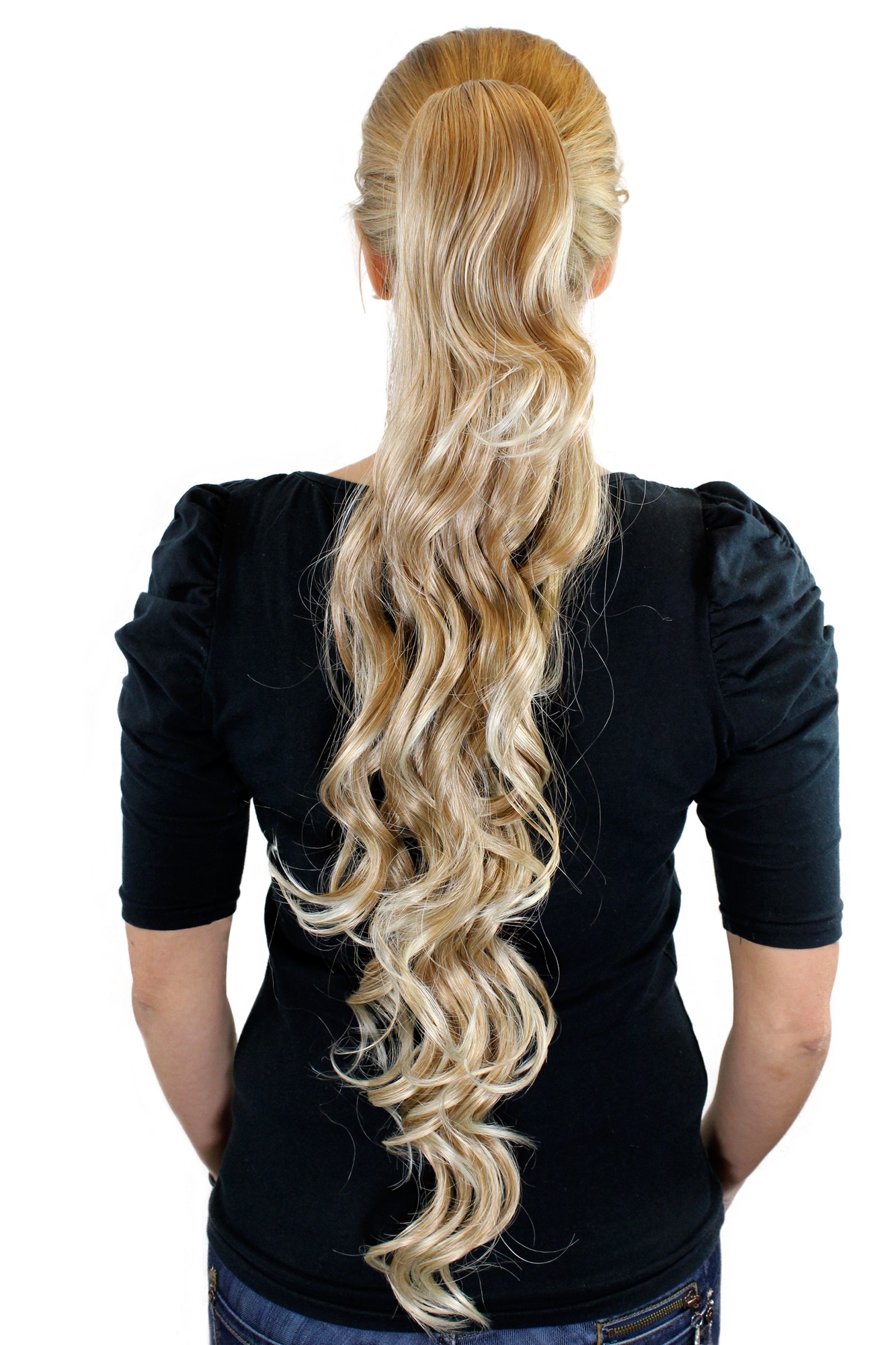 JL-4017-27T613 Ponytail Hairpiece extension extremely long waved wavy blond mix platinum highlights & tips claw clamp 29", front view, WIG ME UP: Your Perücken Online Shop Ponytails, blond mix, wavy, very long