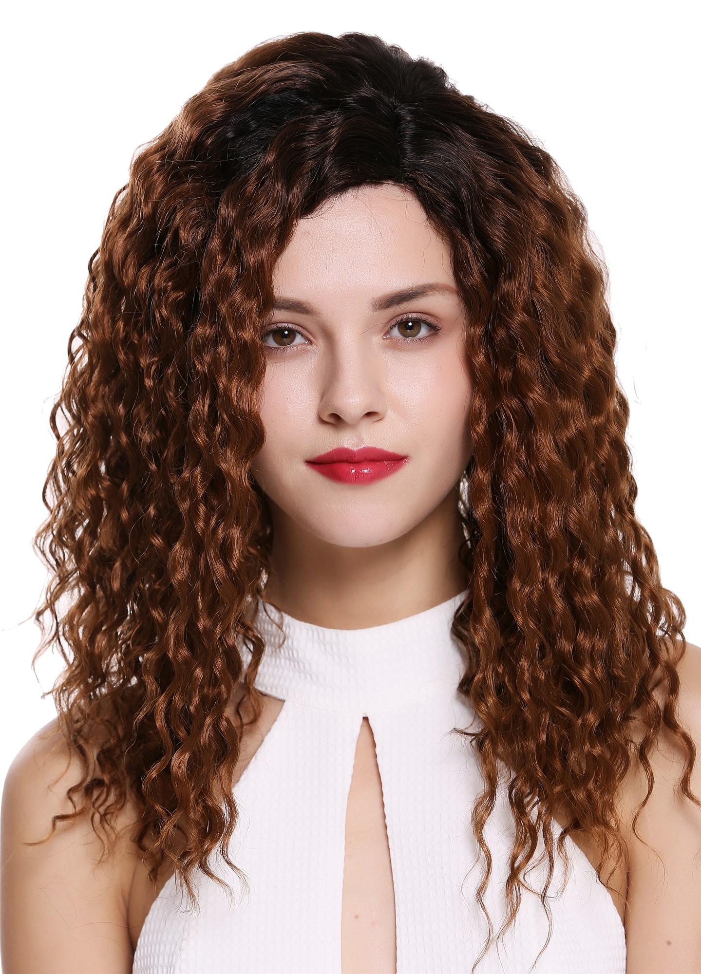 hochwertige Qualitätsperücken, Perücke Afro Locken gekreppt Seitenscheitel Ombre Schwarz Kupferbraun 803AD-YS1+30, Ansicht 2, WIG ME UP: Ihr Perücken Online Shop lockige Tressen-Perücke mit Kopfhaut-Imitat Kupferbraun-Tiefschwarz-Mix lange Haare für Damen