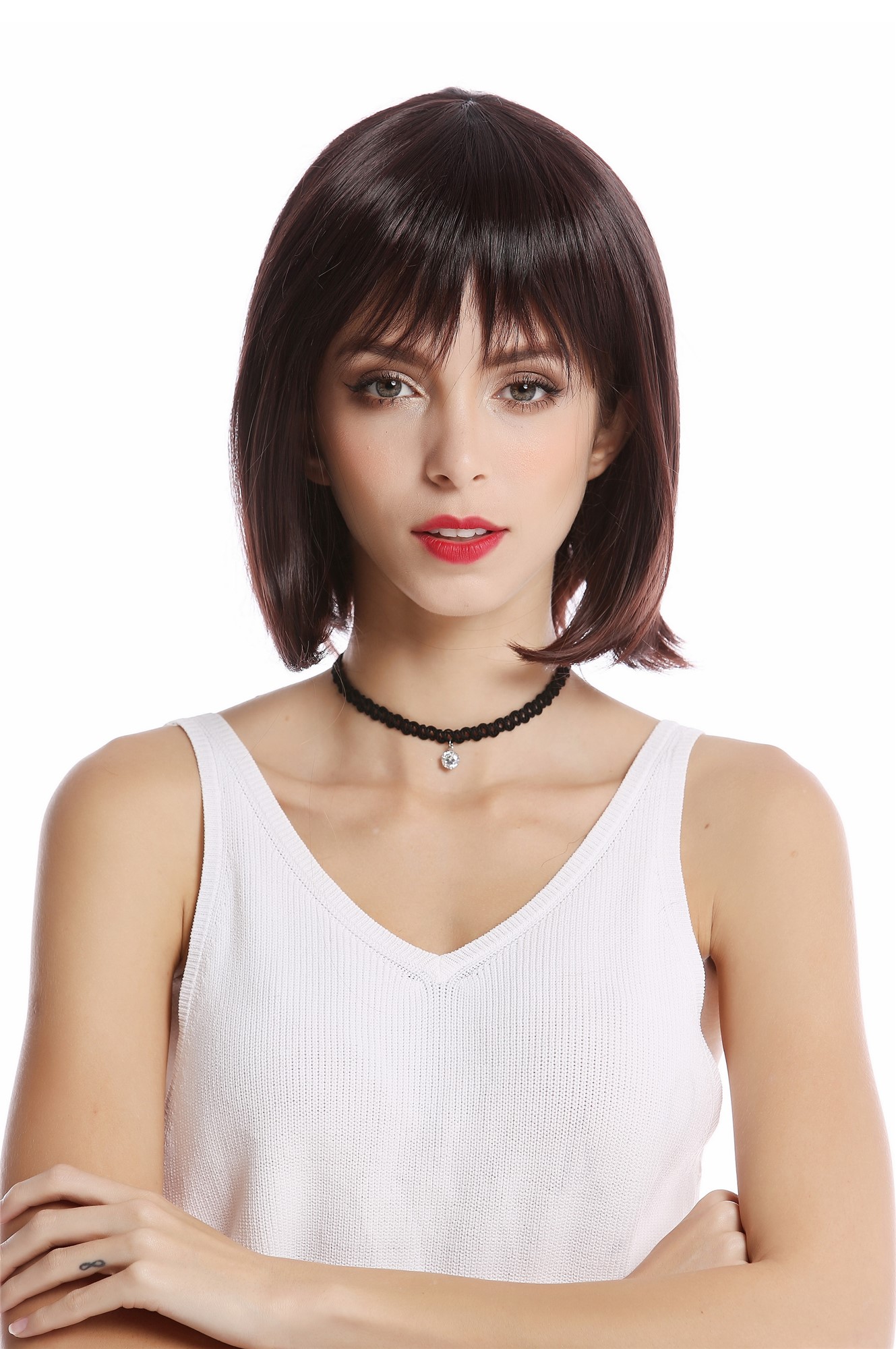 hochwertige Qualitätsperücken, Perücke Longbob Pony Mahagoni Braun YZF-4366-2/33, Ansicht 2, WIG ME UP: Ihr Perücken Online Shop glatte Tressen-Perücke Schwarzbraun-Mahagonibraun-Mix kurze Haare für Damen