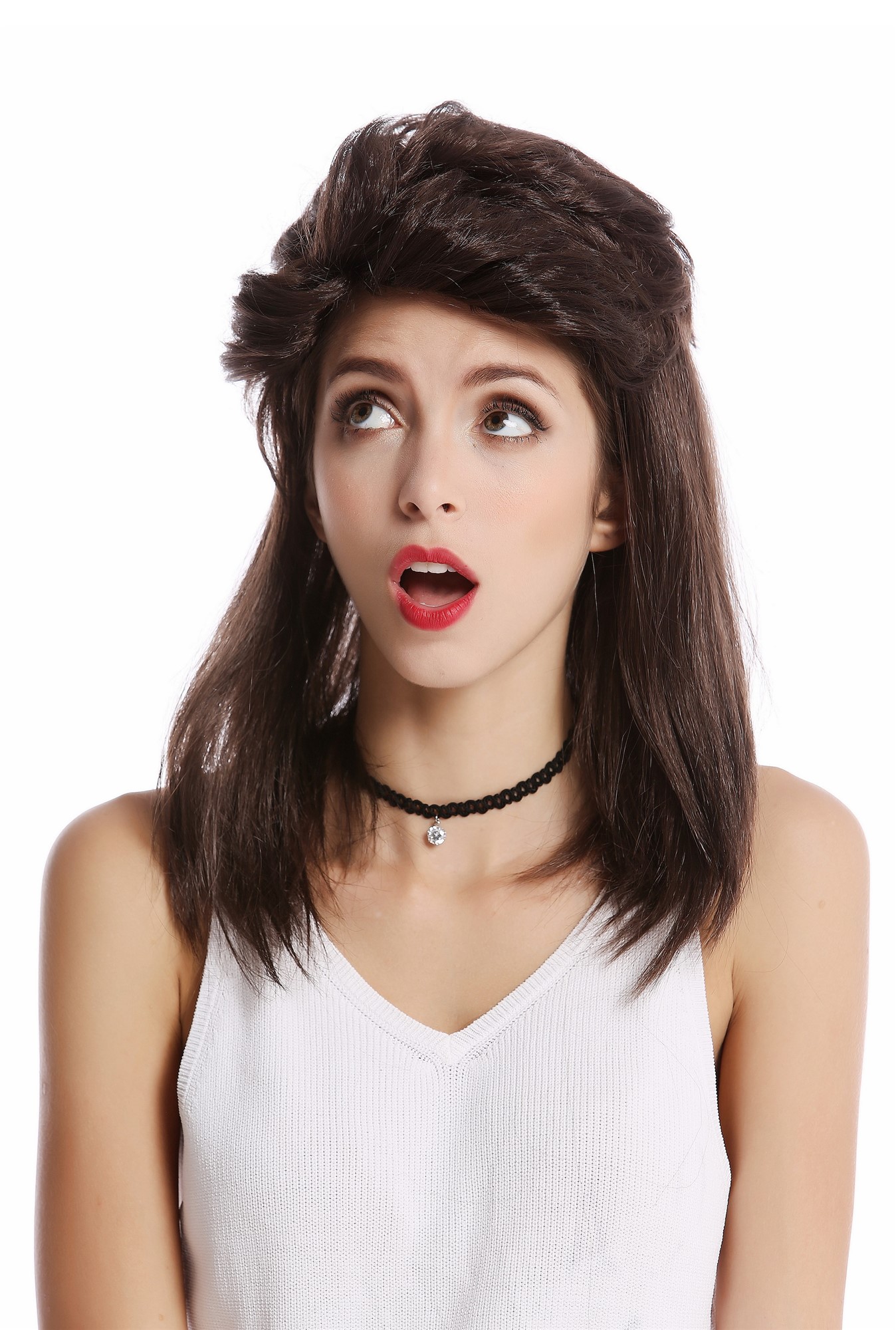 90832-ZA2 Wig Ladies Men Halloween Carnival mullet dark brown teased 80s, view 2, WIG ME UP: Your Perücken Online Shop Party Wig, Unisex, Brown, wavy, shoulder-length