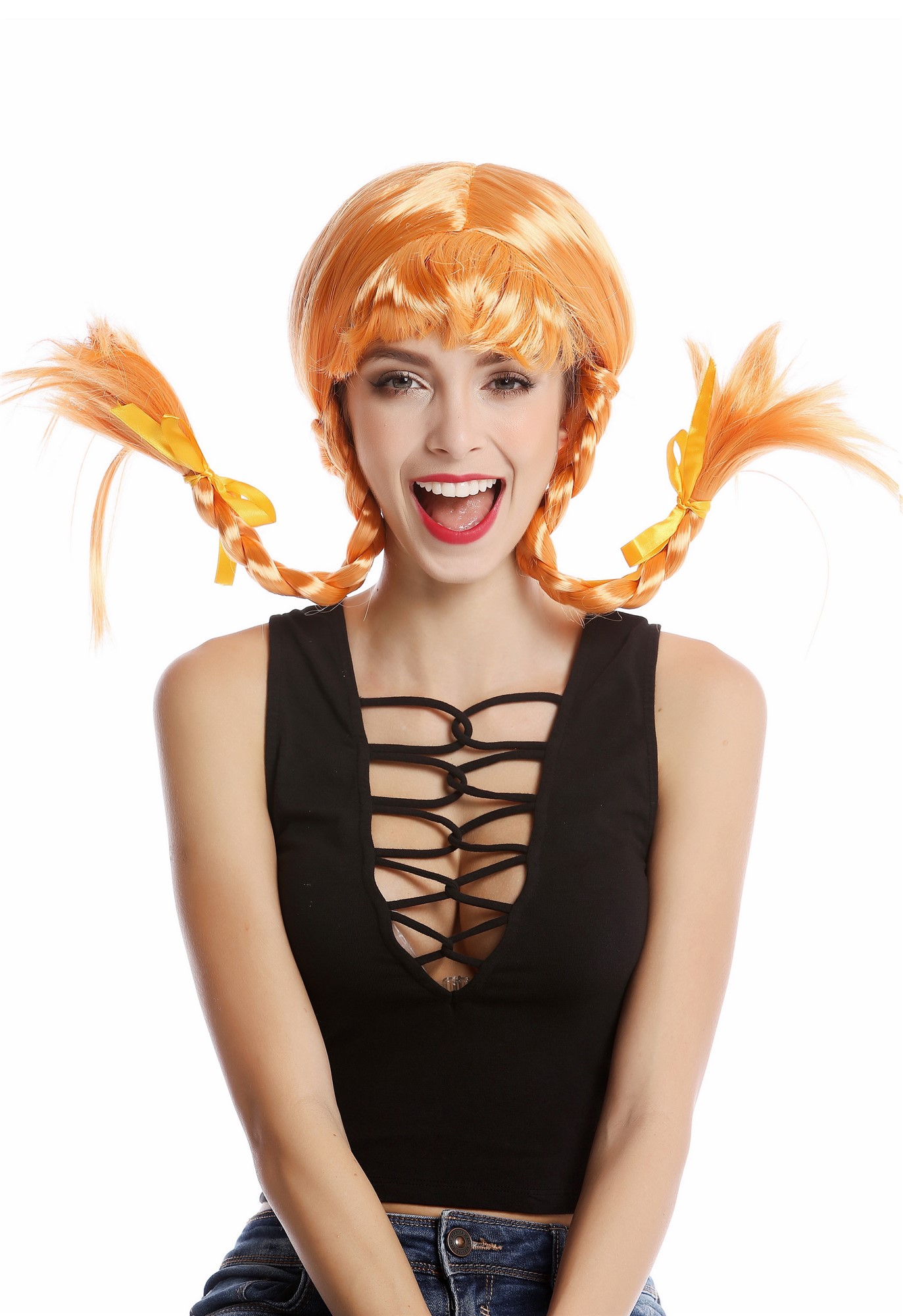 Wig Women Sassy Lolita Schoolgirl stiff braided plaits orange bangs DDH-T8175, front view, WIG ME UP: Your Perücken Online Shop Party Wig, Ladies, Orange, Braided, shoulder-length