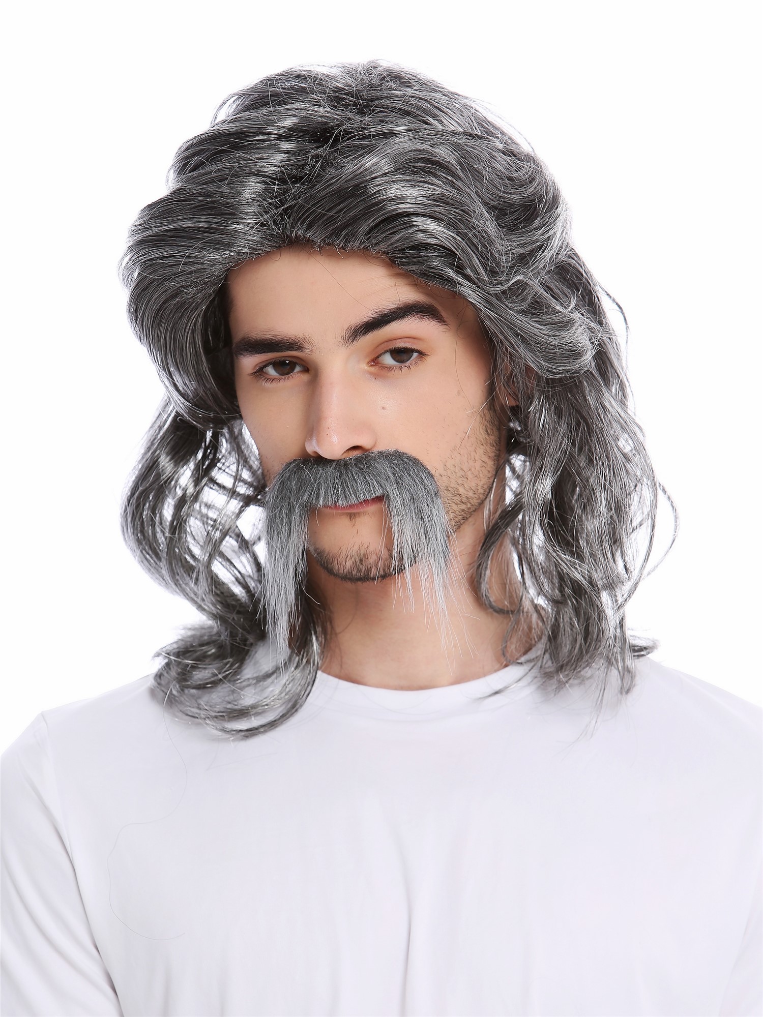 Men's Wig & Mustache Set gray long wild Gaul Viking Celt 70s Pimp Mullet 91098, view 4, WIG ME UP: Your Perücken Online Shop Party Wig, Men, Grey, wavy, shoulder-length