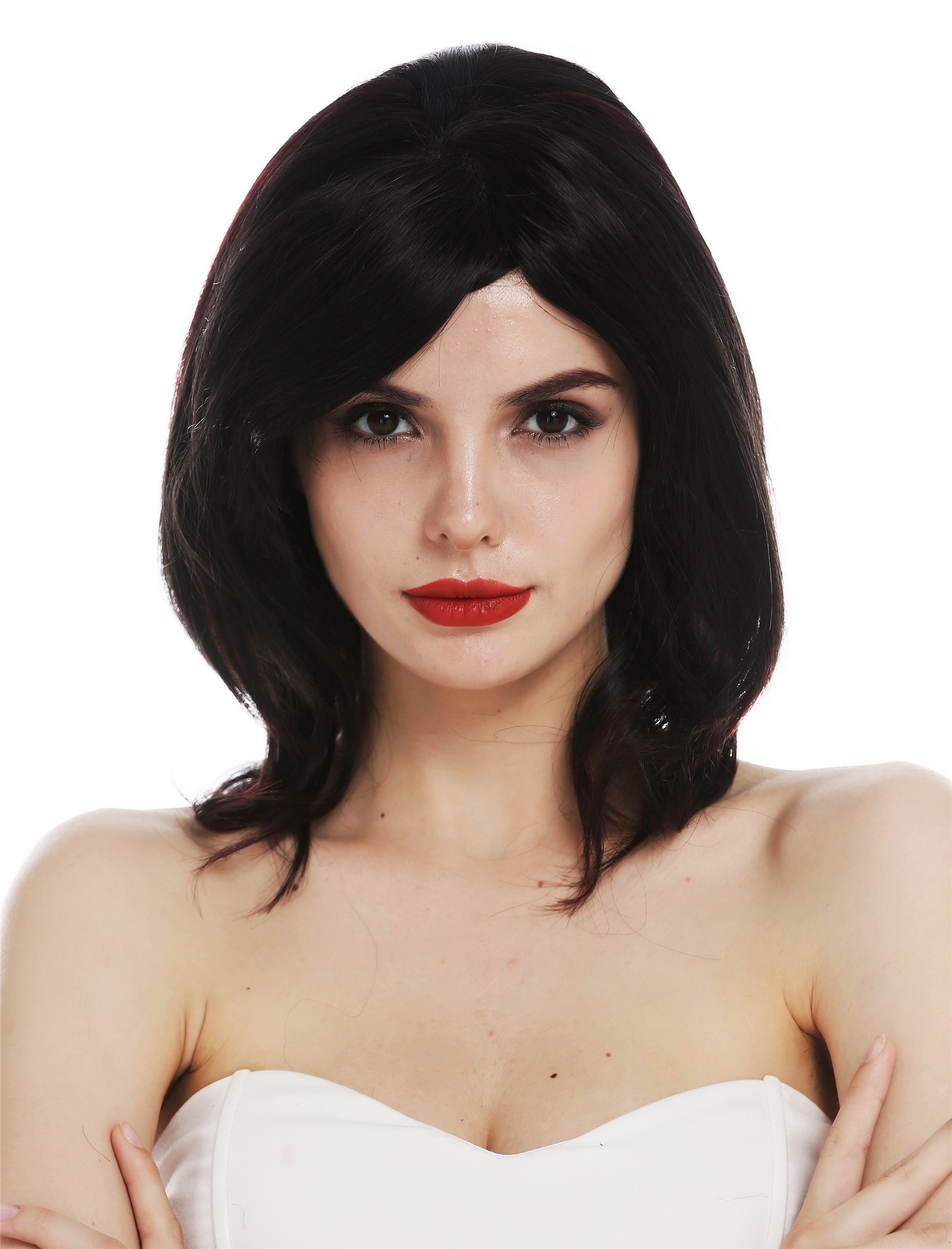 glatte Tressen-Perücke mit Front-Lace und als Befestigung mit Klebeflächen Schwarz-Rot-Mix schulterlange Haare für Damen