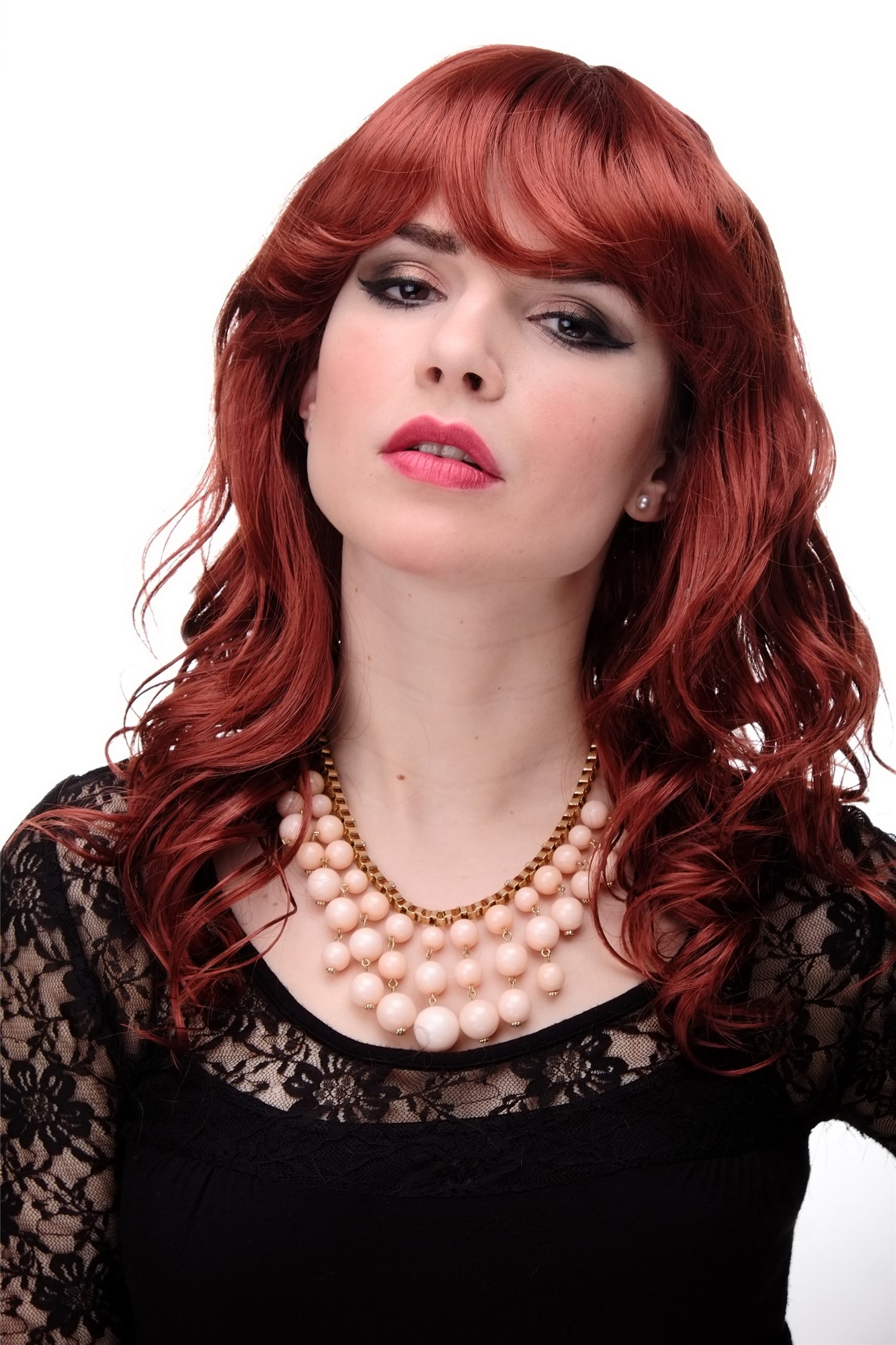 hochwertige Qualitätsperücken, Wellige halblange Damen Perücke Rot Dunkel-Kupferrot 5019-135, Vorderansicht, WIG ME UP: Ihr Perücken Online Shop wellige Tressen-Perücke mit Kopfhaut-Imitat Dunkel-Kupferrot lange Haare für Damen