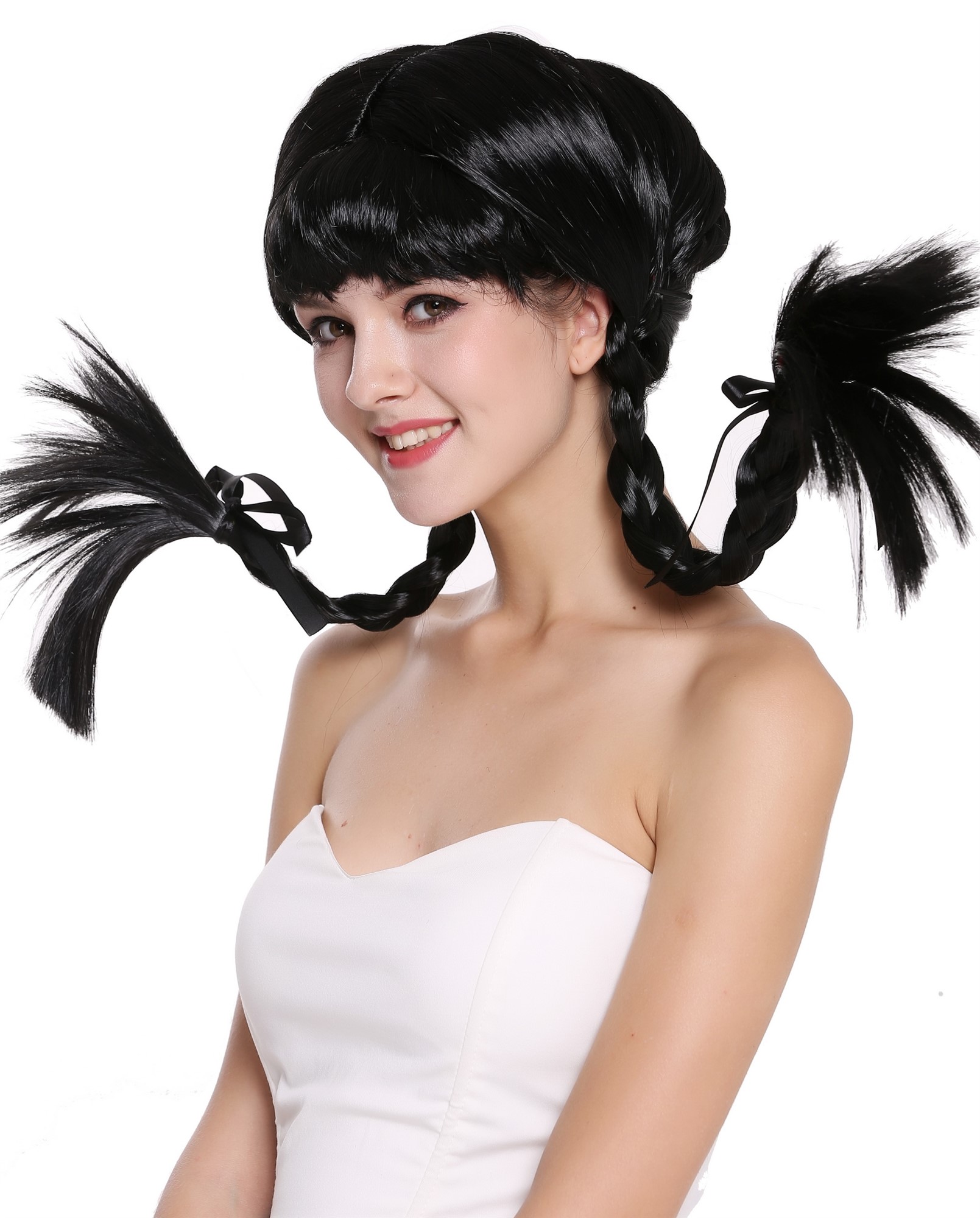 Wig Lady Women Cosplay Sassy Lolita stiff braided plaits black bangs DDH-T8175, front view, WIG ME UP: Your Perücken Online Shop Party Wig, Ladies, Black, Braided, shoulder-length
