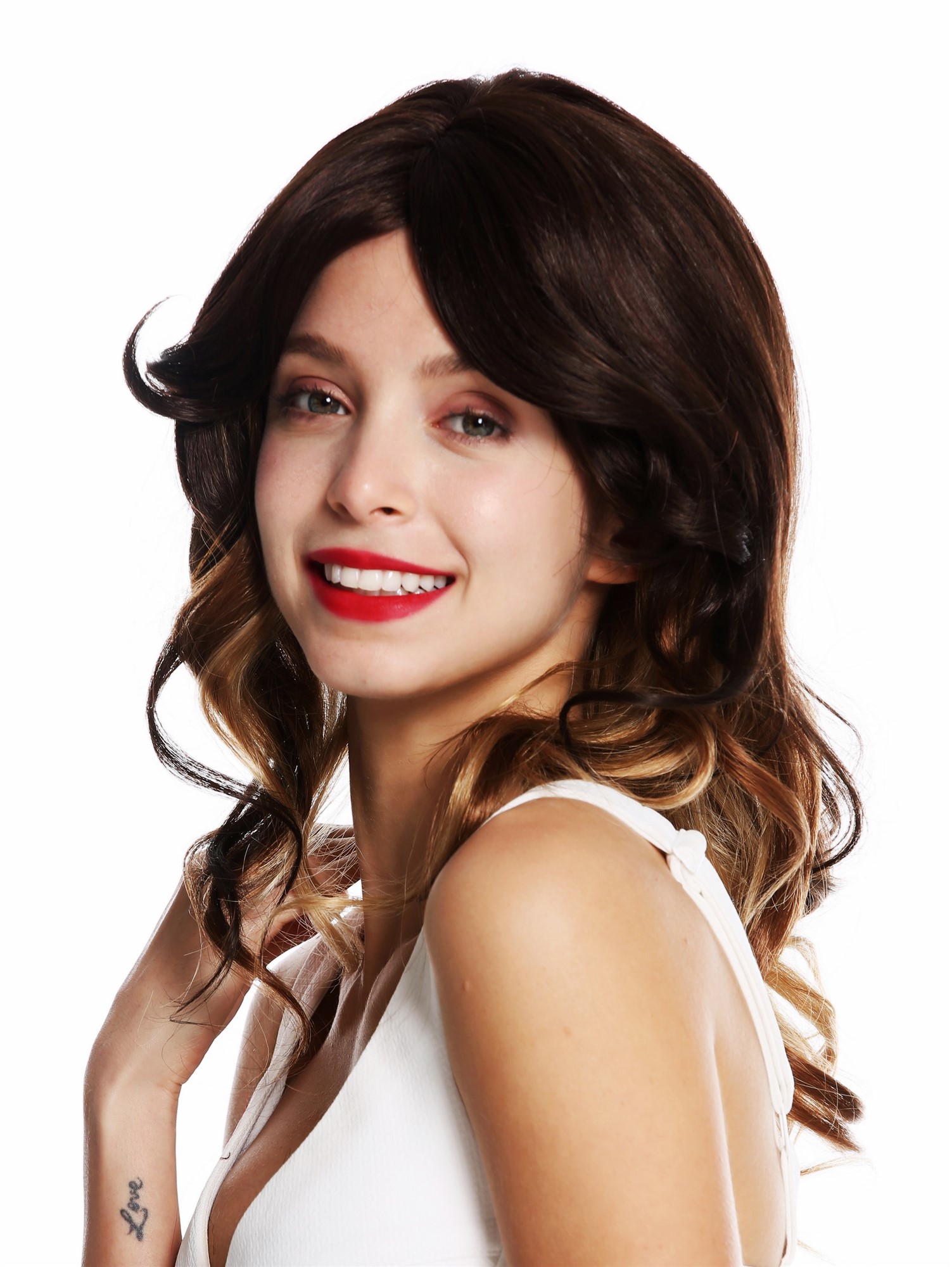Lady wig long very voluminous wavy waved parting brown blonde highlights VK-45, front view, WIG ME UP: Your Perücken Online Shop Quality Wigs, Ladies, brown-blonde mix, curled, long
