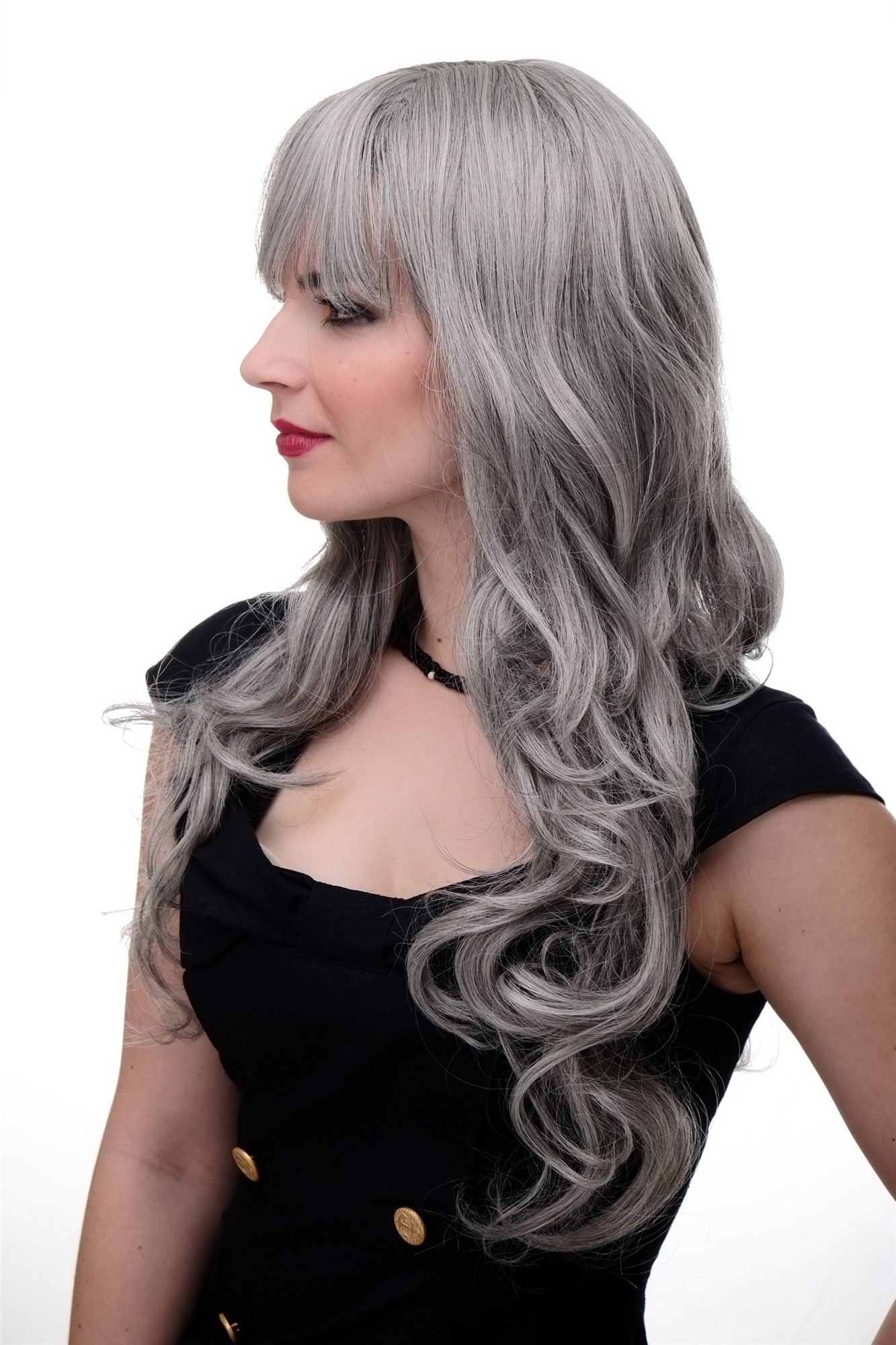 hochwertige Qualitätsperücken, Lange Damen Perücke mit großen kräftigen Locken Pony Grau Hellgrau-Mix 285-51, Ansicht 2, WIG ME UP: Ihr Perücken Online Shop lockige Tressen-Perücke mit Kopfhaut-Imitat Grau lange Haare für Damen