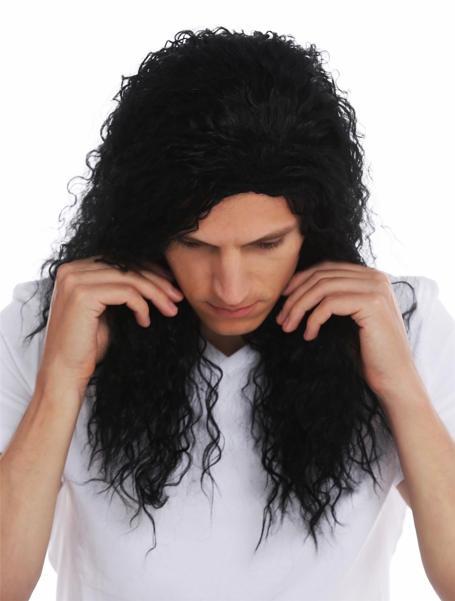 Wig man men long curly black parting hard rock Heavy Metal latin lover VK-33, view 4, WIG ME UP: Your Perücken Online Shop Party Wig, Unisex, Black, curled, long
