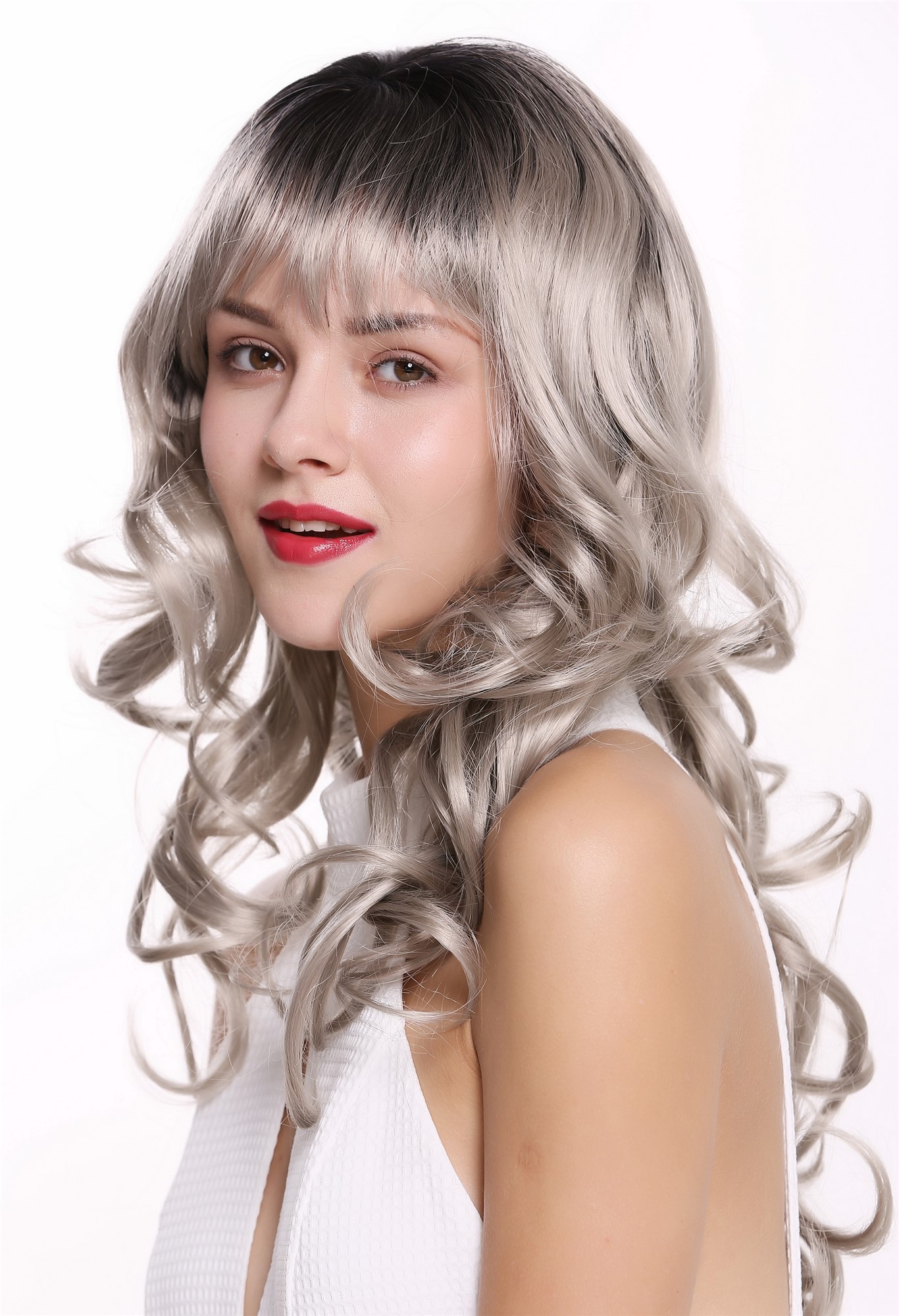 hochwertige Qualitätsperücken, Perücke Lang Locken Pony Ombre Grau 1002A-YS1+101, Vorderansicht, WIG ME UP: Ihr Perücken Online Shop lockige Tressen-Perücke mit Kopfhaut-Imitat Schwarz-Grau lange Haare für Damen