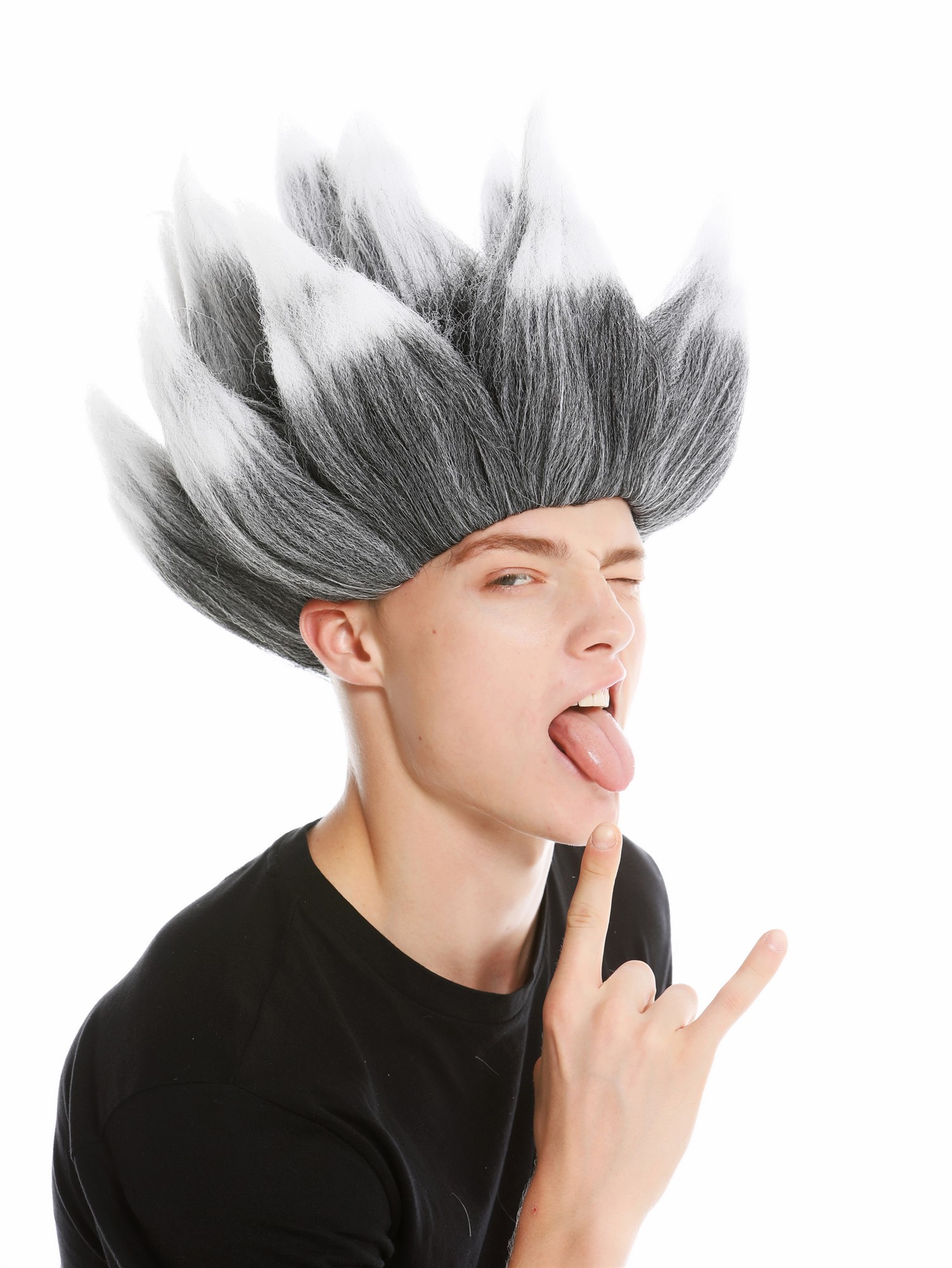 Wig men women carnival demon devil troll flower mad scientist grey white LM-19, view 2, WIG ME UP: Your Perücken Online Shop Party Wig, Unisex, Dark Gray White, wavy, short