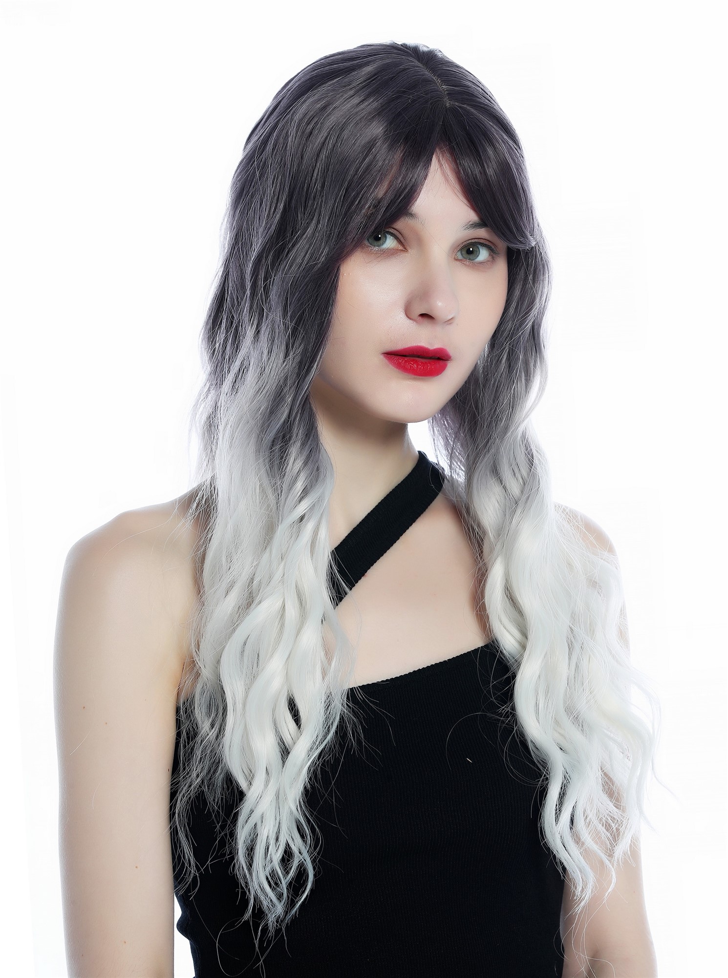 hochwertige Qualitätsperücken, Perücke lang stark gewellt Ombre dunkles Violett silbriges Blond SZL0816B-T-005, Ansicht 2, WIG ME UP: Ihr Perücken Online Shop wellige Tressen-Perücke mit Kopfhaut-Imitat Grauviolett-Silberblond-Verlauf lange Haare für Damen