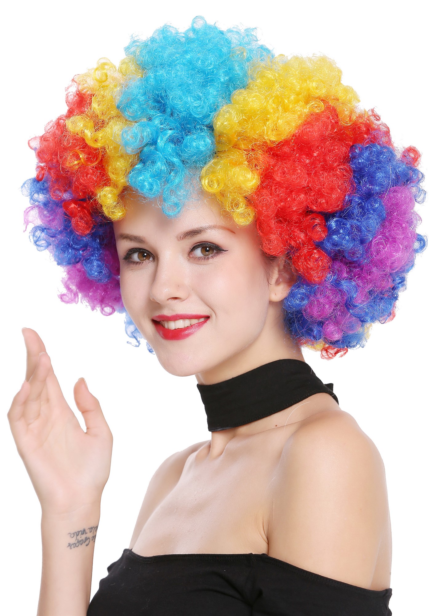 günstige Party Perücke, Regenbogen Bunte Afro Perücke Clown PW0011-PC40/PC2B/PC13/PC3/PC51, Vorderansicht, WIG ME UP: Ihr Perücken Online Shop lockige Party Perücke Mehrfarbig kurze Haare Unisex