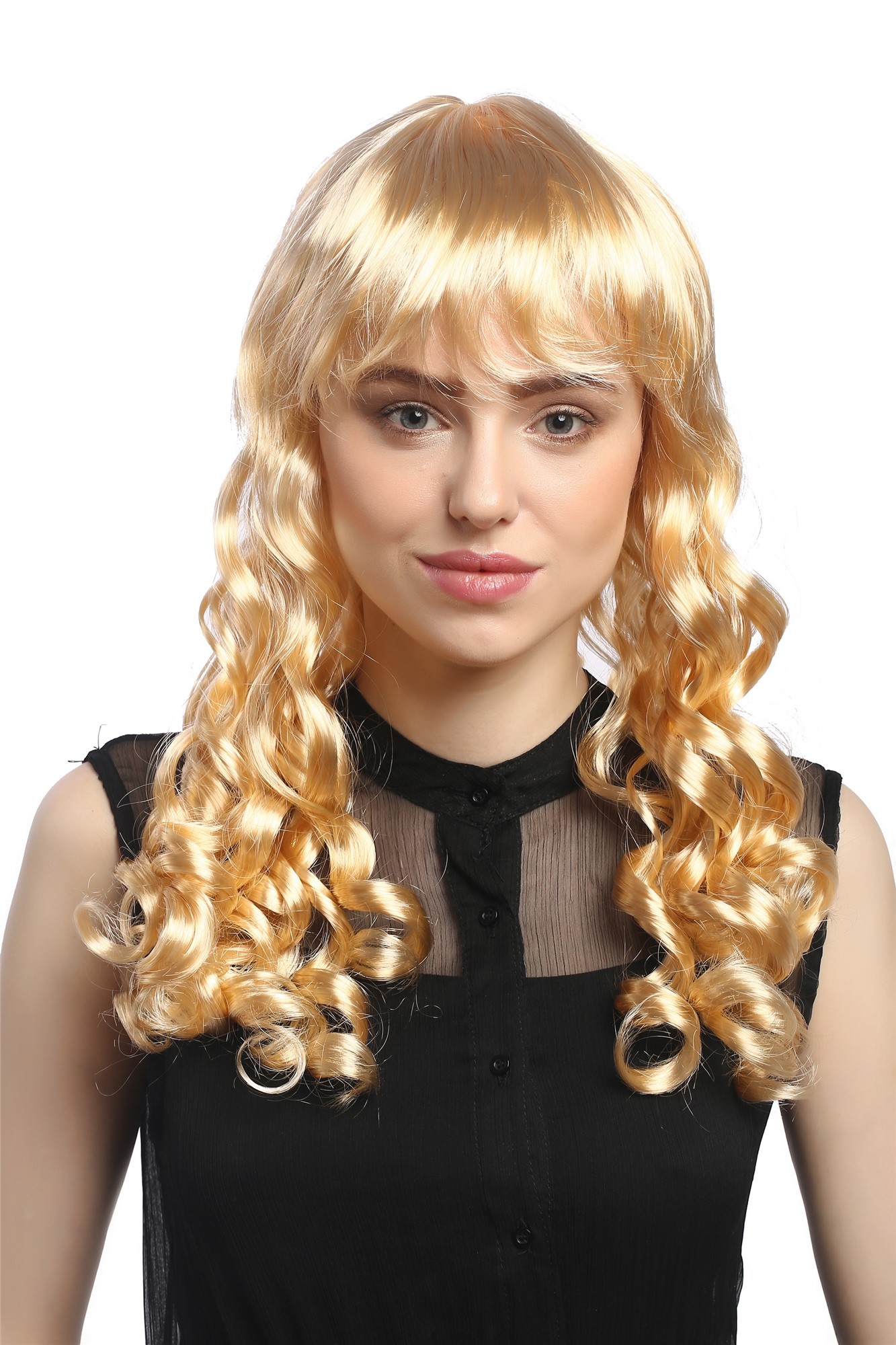 Lady Party Wig Halloween Gothic long baroque colonial romantic corkscrew curls coils bangs blond, front view, WIG ME UP: Your Perücken Online Shop Party Wig, Ladies, light golden blonde, curled, long