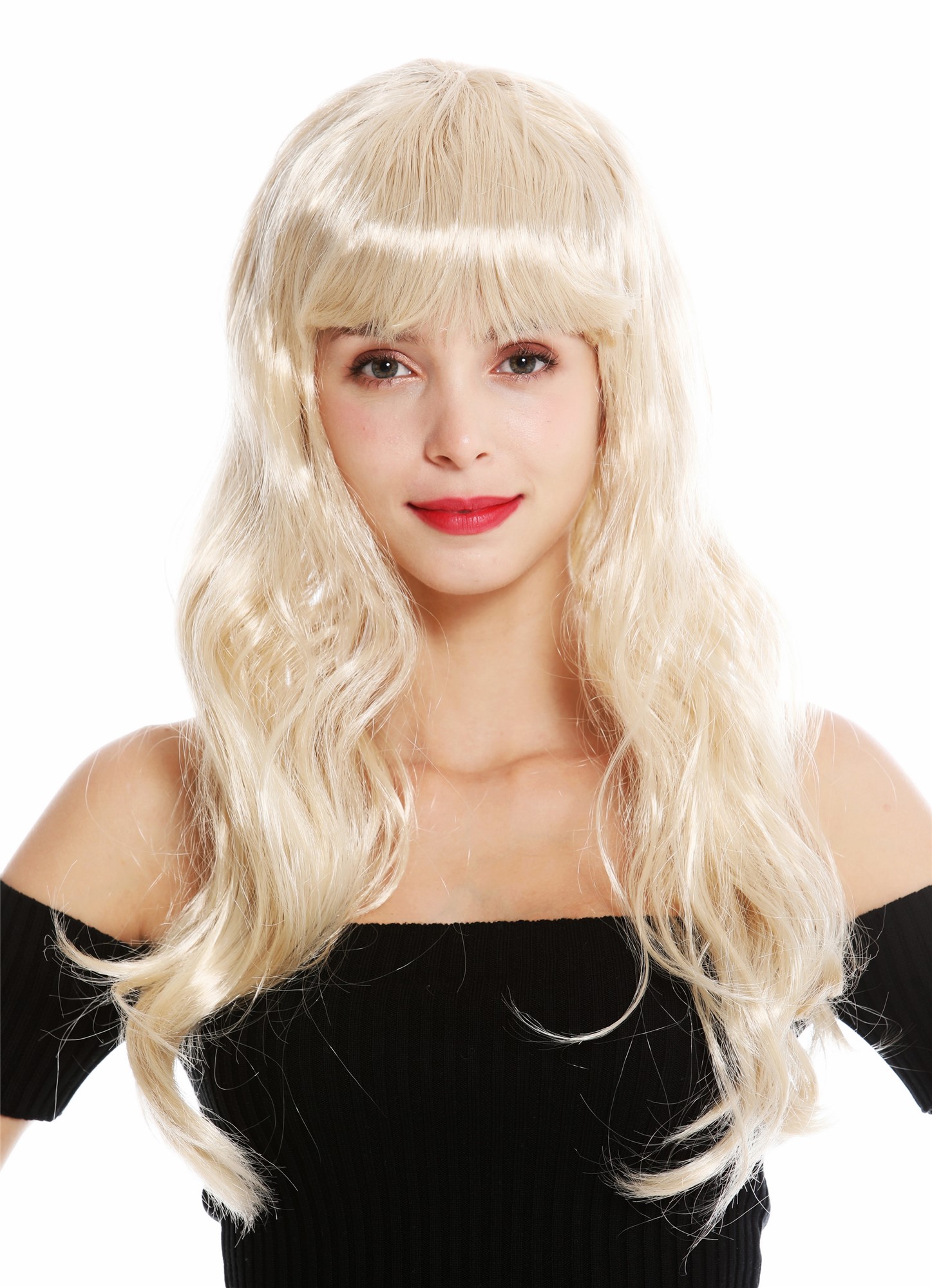 Women's party wig long blond fringe burlesque 50s pin-up star Femme Fatale 90649, front view, WIG ME UP: Your Perücken Online Shop Party Wig, Ladies, light blonde, wavy, long