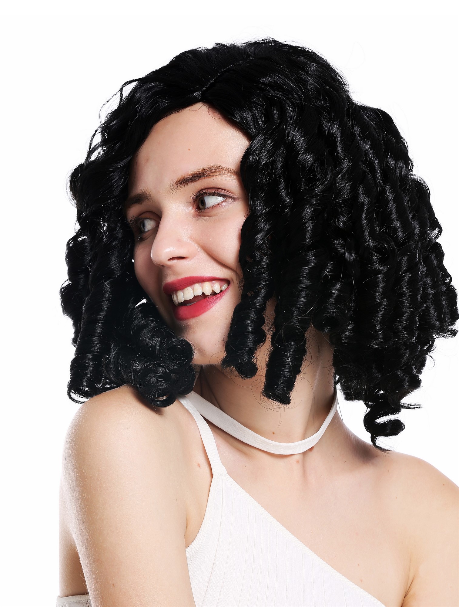 günstige Party Perücke, Perücke Korkenzieher-Locken Schwarz Rokoko 91308-P103, Ansicht 2, WIG ME UP: Ihr Perücken Online Shop lockige Party Perücke Pechschwarz schulterlange Haare für Damen