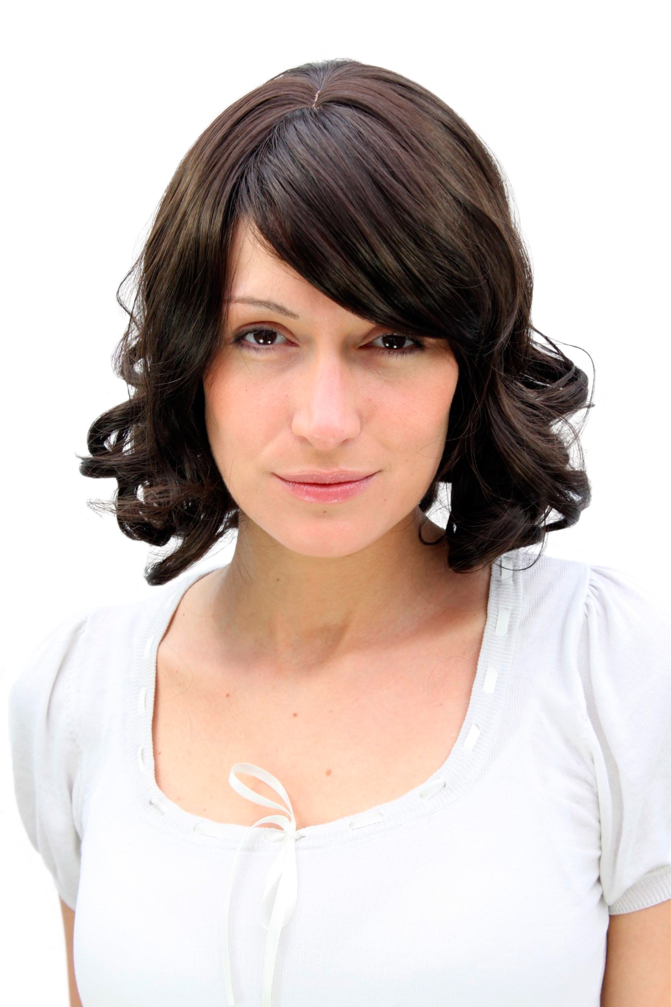 hochwertige Qualitätsperücken, Damen Perücke kurz Locken dunkelbraun A31-4, Vorderansicht, WIG ME UP: Ihr Perücken Online Shop lockige Tressen-Perücke mit Kopfhaut-Imitat Braun kurze Haare für Damen