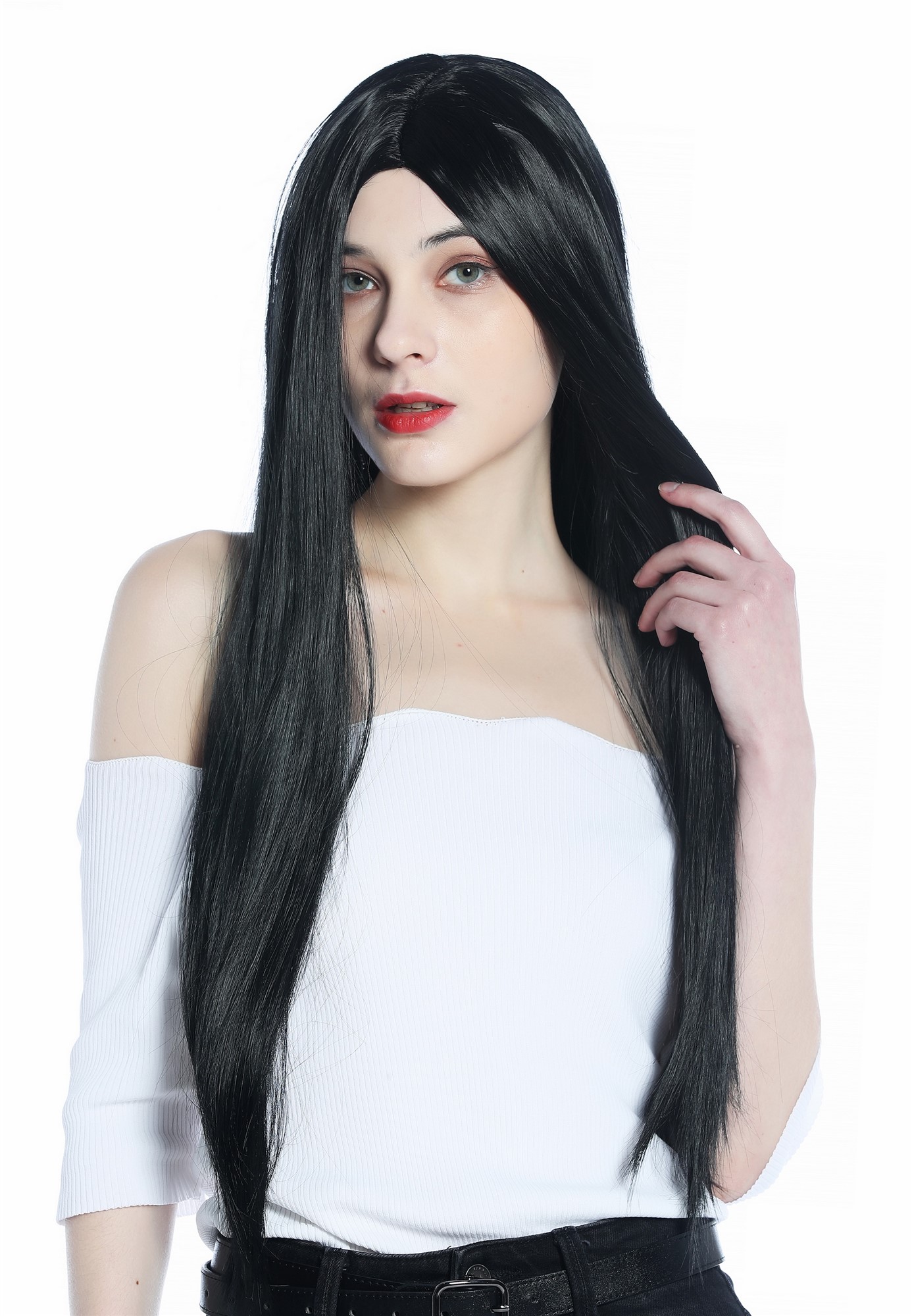 günstige Party Perücke, Perücke lang glatt Mittelscheitel schwarz Gothic CW-049-K1, Ansicht 5, WIG ME UP: Ihr Perücken Online Shop glatte Party Perücke Tiefschwarz lange Haare für Damen