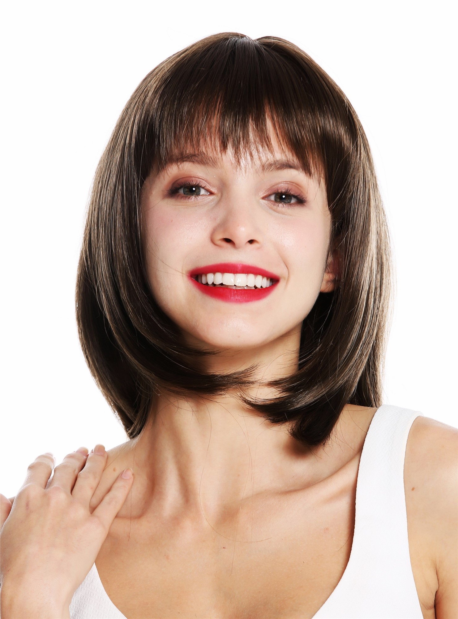 Women's wig long straight layered wavy medium brown long fringe bangs VK-28, front view, WIG ME UP: Your Perücken Online Shop Quality Wigs, Ladies, ash brown, wavy, long