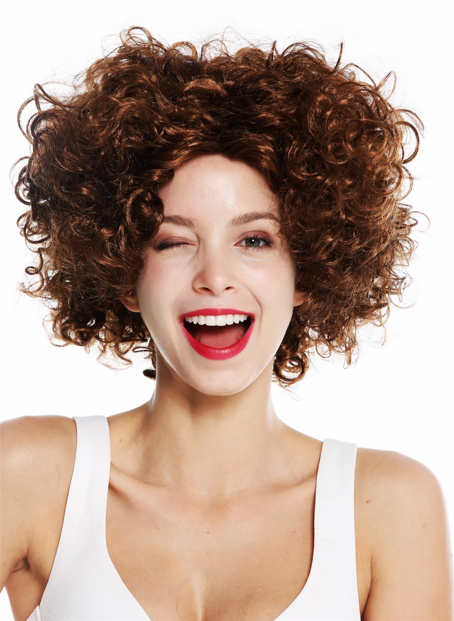 günstige Party Perücke, Perücke Braun lockig Mittelscheitel Kurz 1352-ZA6A, Vorderansicht, WIG ME UP: Ihr Perücken Online Shop lockige Party Perücke Mittelbraun kurze Haare Unisex