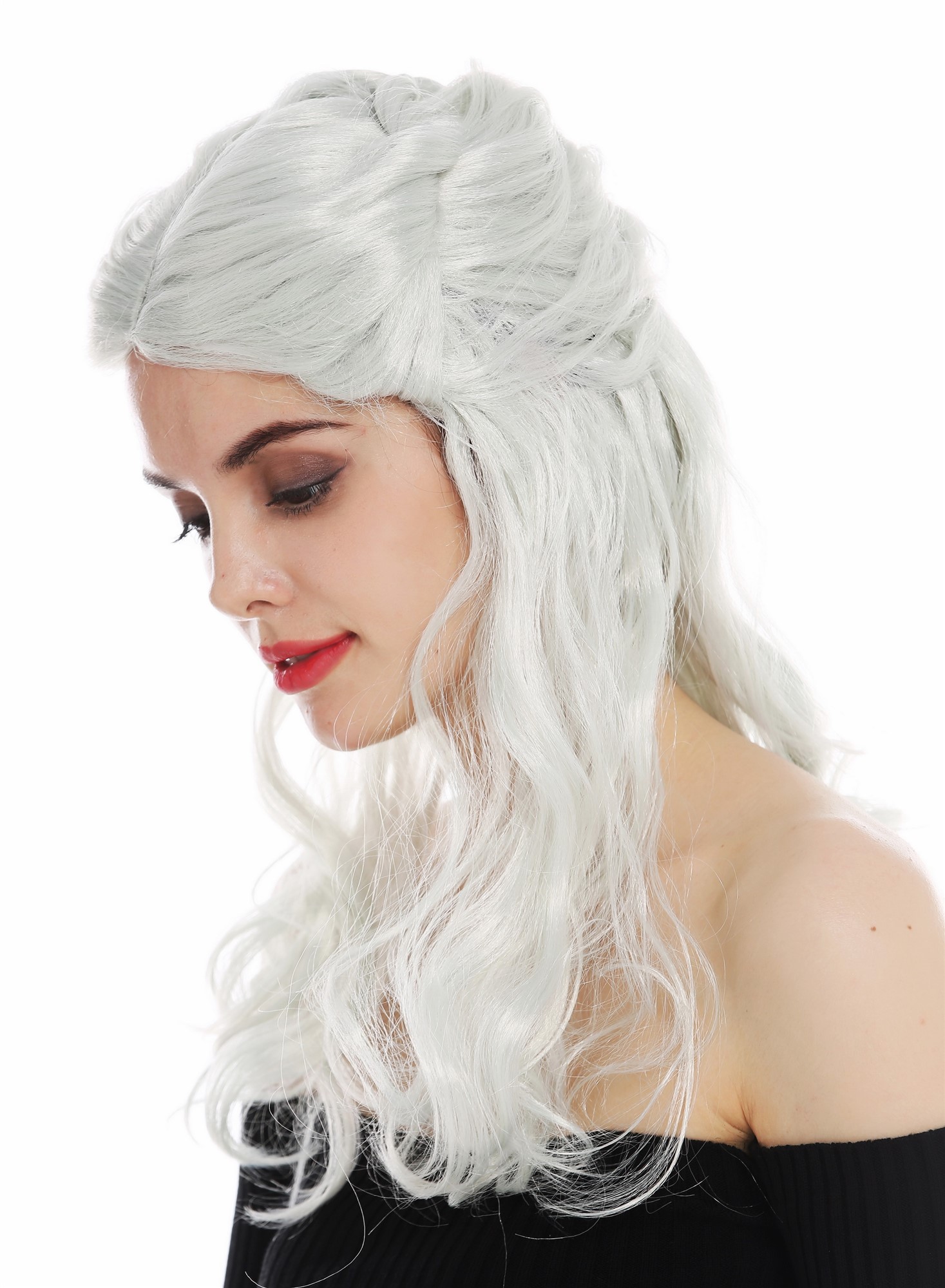 Wig carnival women Halloween long plaited silver white grey fantasy LARP 31955, view 3, WIG ME UP: Your Perücken Online Shop Party Wig, Ladies, white-gray-lime green mix, Braided, shoulder-length