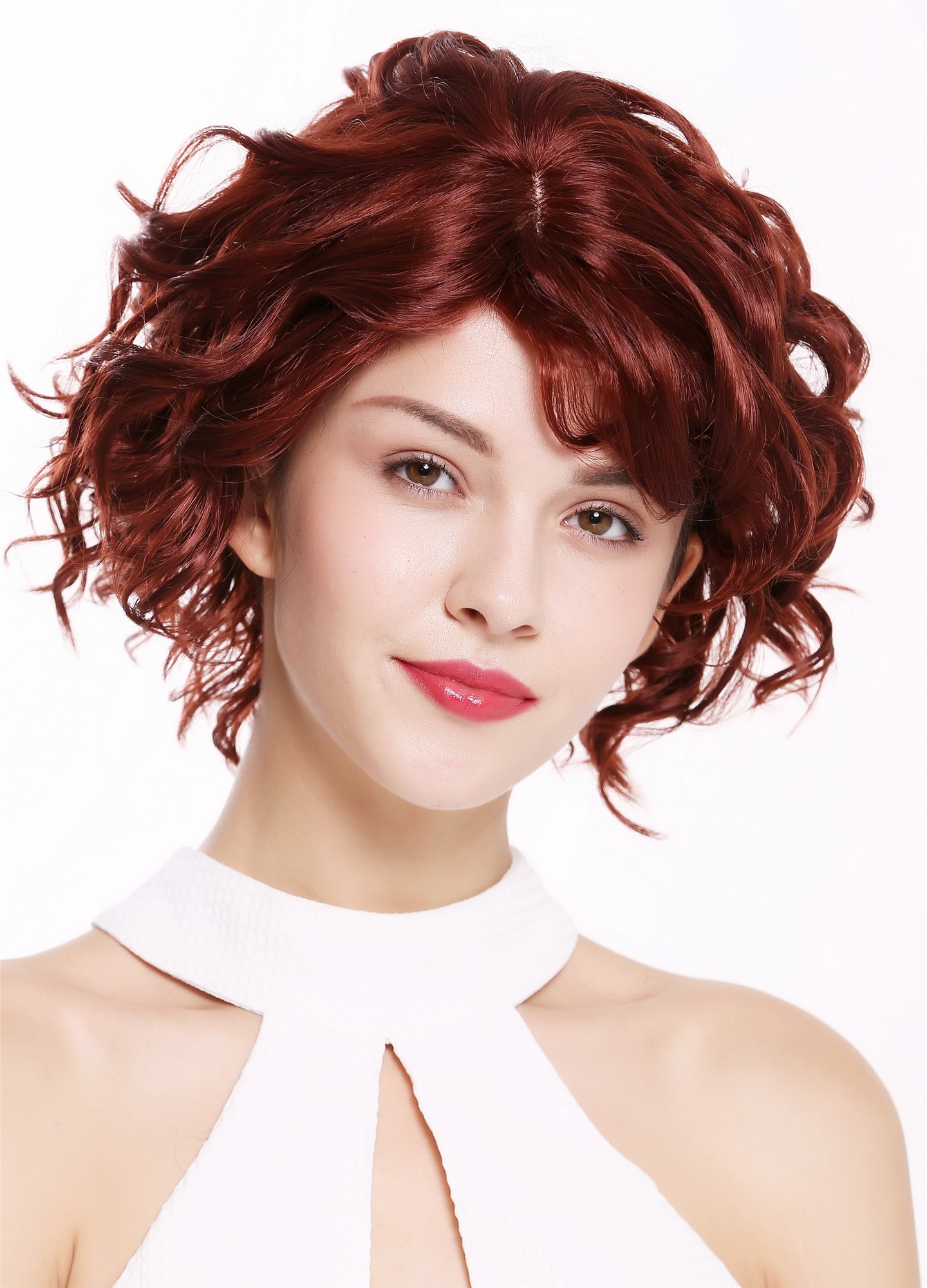 hochwertige Qualitätsperücken, Frauen Perücke kurz wild wellig Rotbraun MINA-35, Vorderansicht, WIG ME UP: Ihr Perücken Online Shop wellige Tressen-Perücke mit Kopfhaut-Imitat Rotbraun kurze Haare für Damen