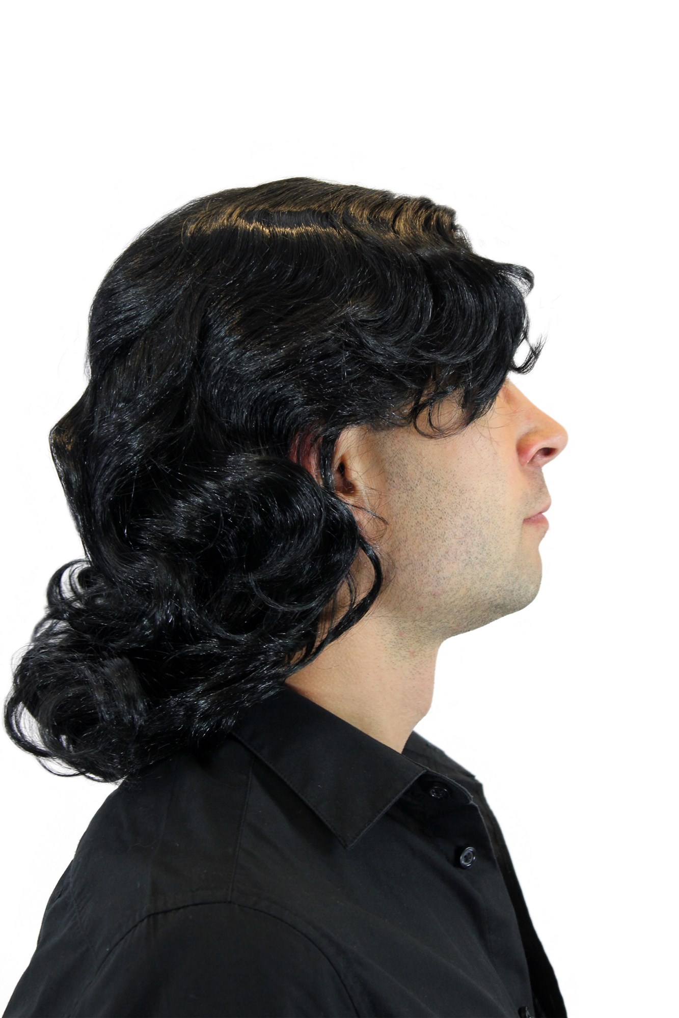 günstige Party Perücke, Herrenperücke lang Schwarz Schlagersänger 3750-P103, Ansicht 3, WIG ME UP: Ihr Perücken Online Shop lockige Party Perücke Schwarz schulterlange Haare Unisex