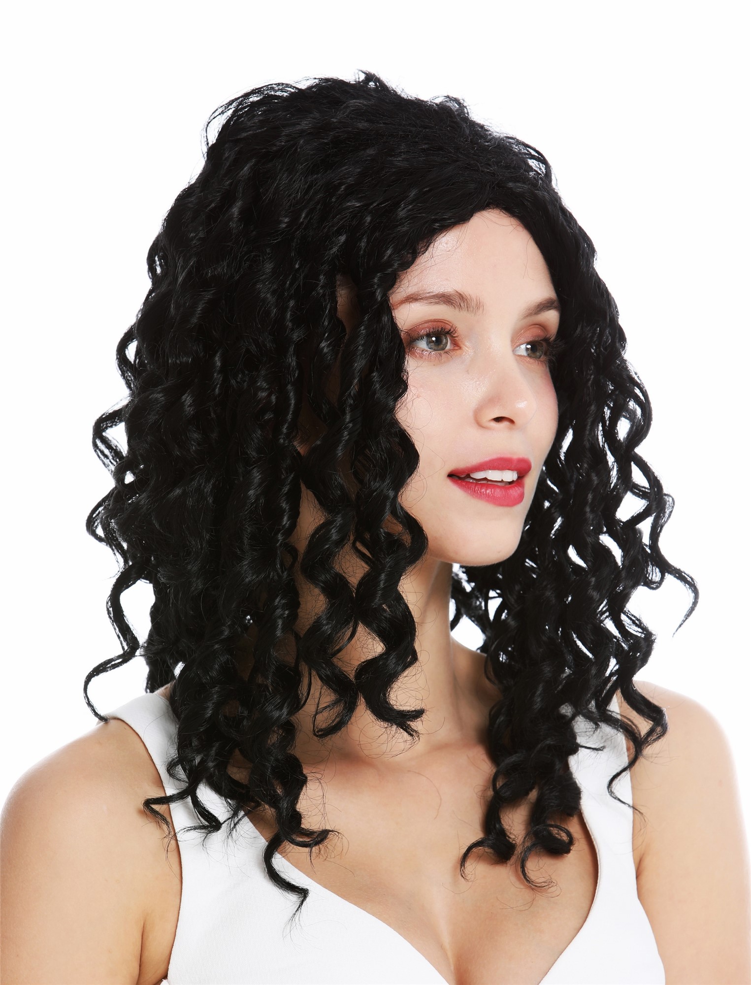 hochwertige Qualitätsperücken, Perücke lang Korkenzieher-Locken Mittelscheitel schwarz ZM-1622-1, Ansicht 2, WIG ME UP: Ihr Perücken Online Shop lockige Tressen-Perücke Schwarz lange Haare für Damen
