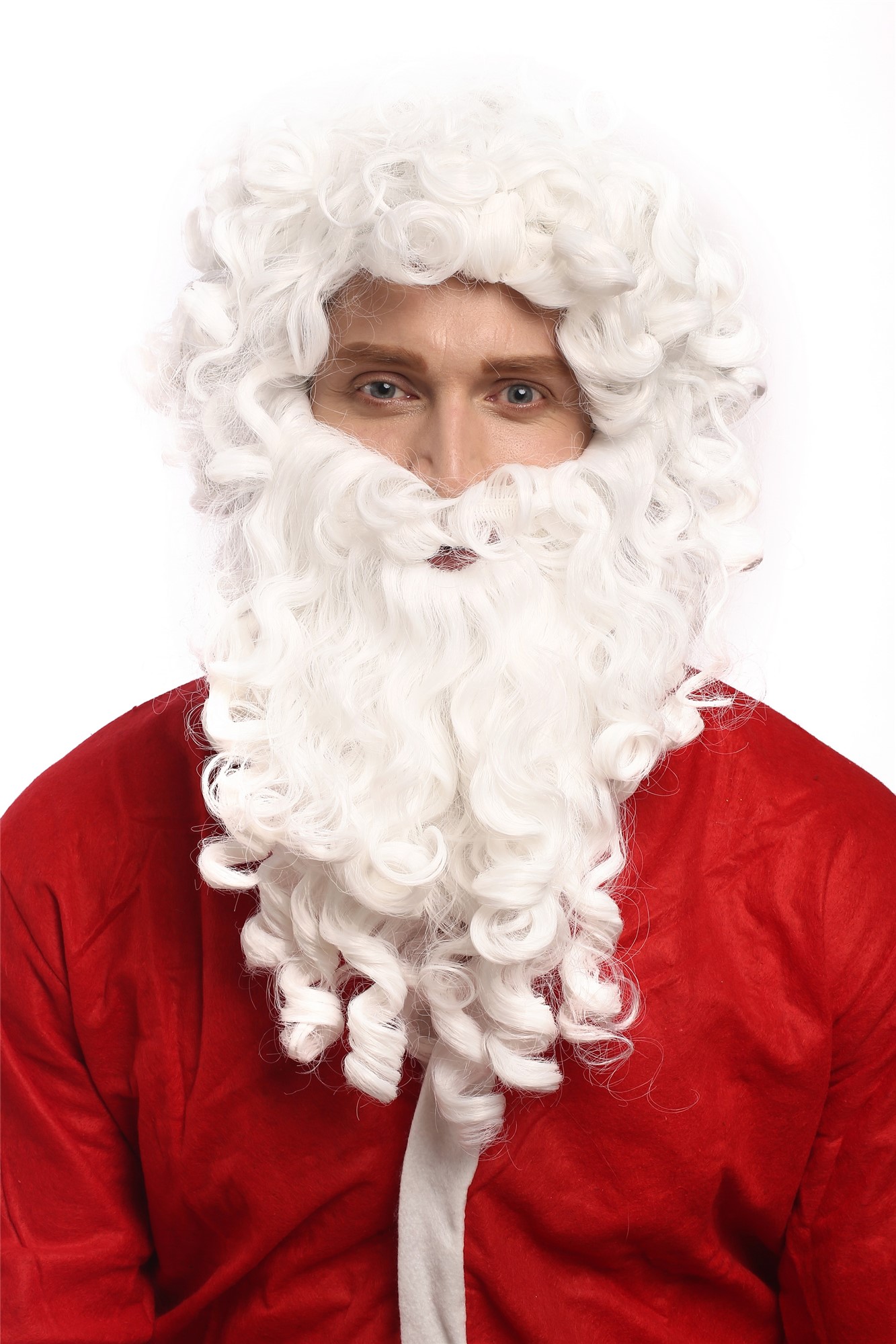 günstige Party Perücke, Perücke Bart Weihnachtsmann Santa Weiß 01-A+B-P60, Ansicht 2, WIG ME UP: Ihr Perücken Online Shop lockige Party Perücke Weiß schulterlange Haare für Herren